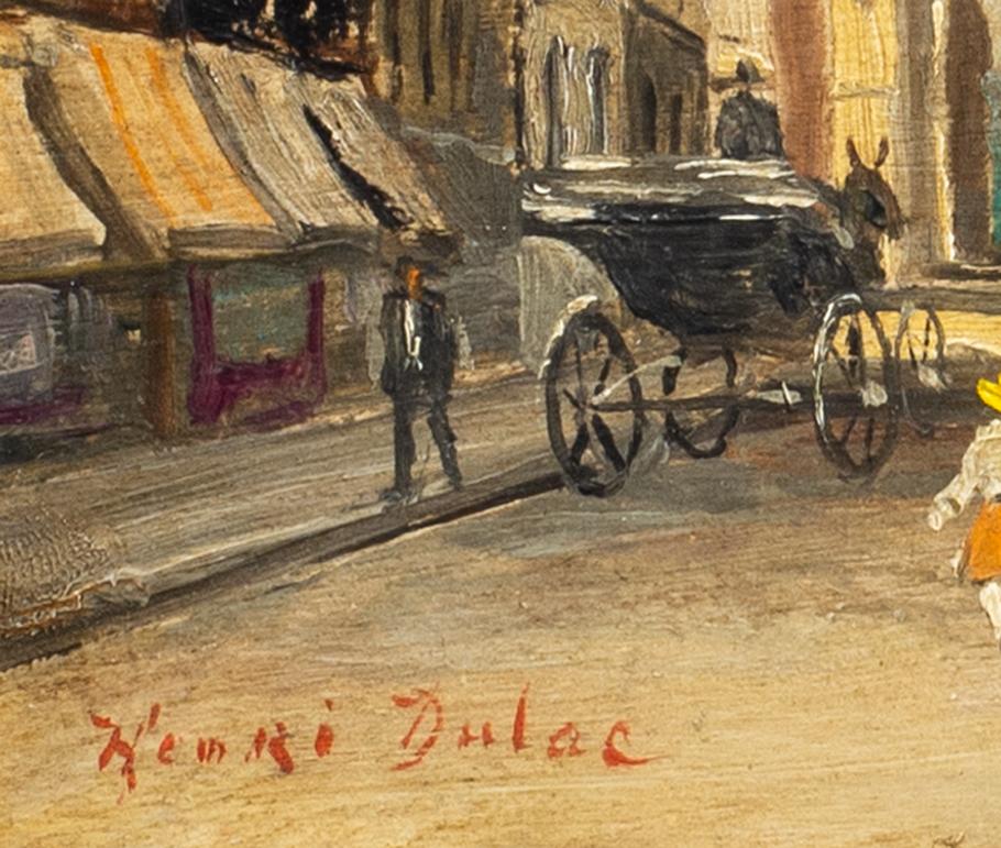 Dipinto a olio del XIX secolo raffigurante persone in Rue de la Paix, Place Vendome, Parigi - Painting di Henri Dulac