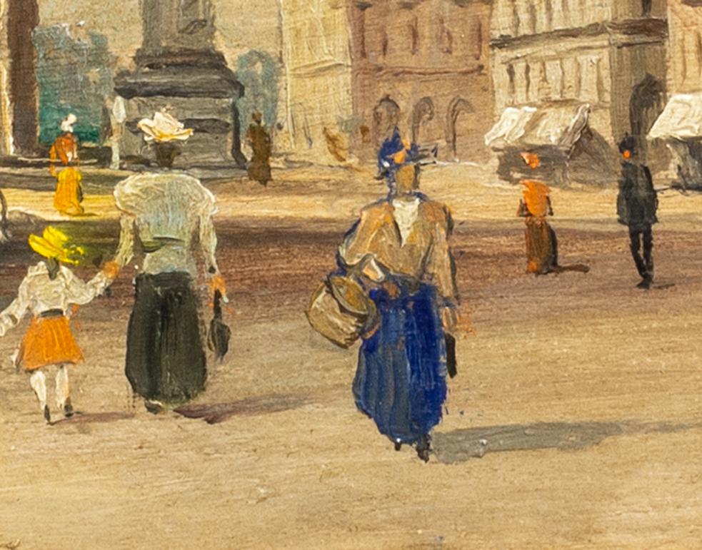 Dipinto a olio del XIX secolo raffigurante persone in Rue de la Paix, Place Vendome, Parigi - Figurative Painting Marrone di Henri Dulac
