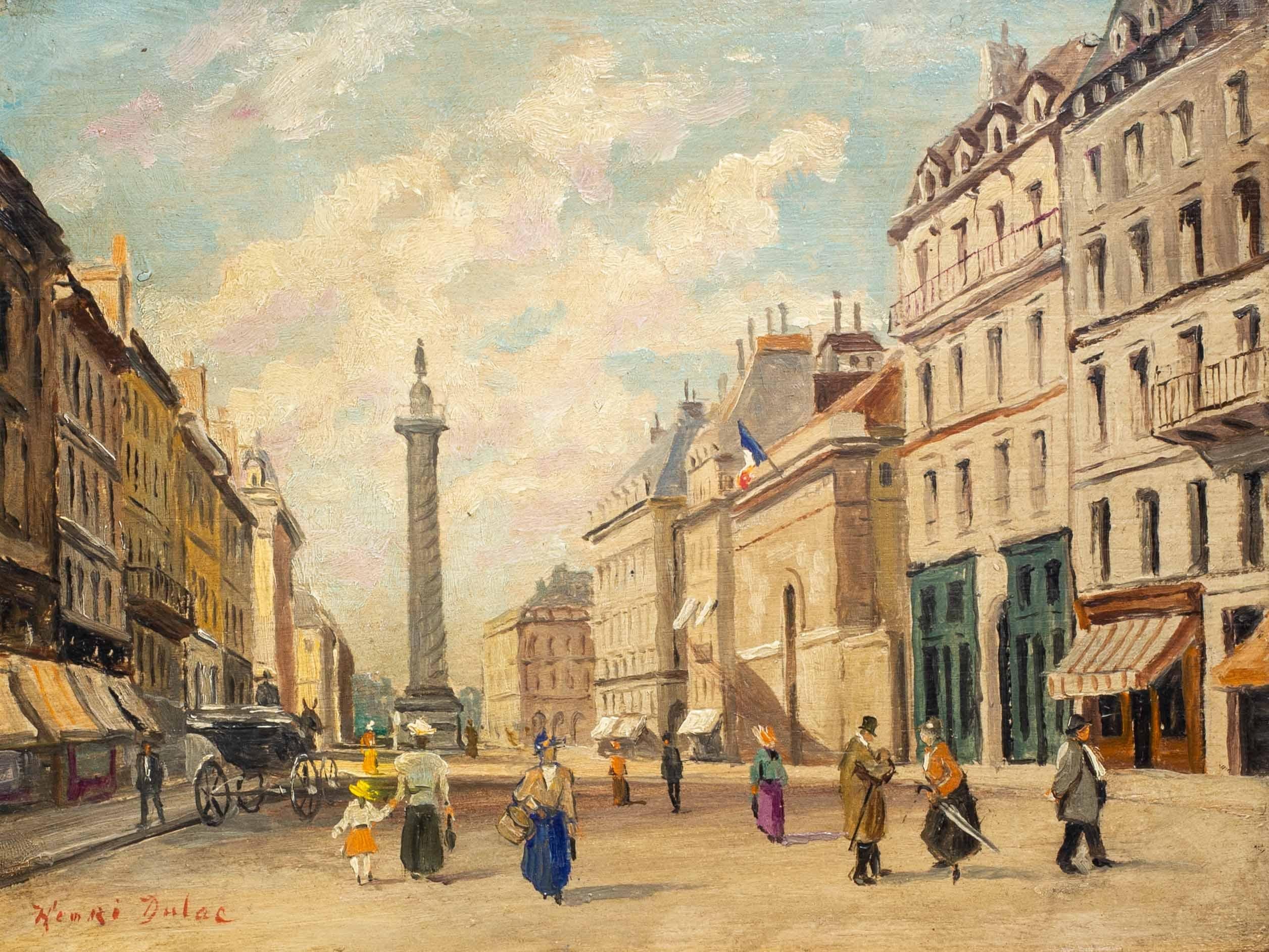 Dipinto a olio del XIX secolo raffigurante persone in Rue de la Paix, Place Vendome, Parigi 1