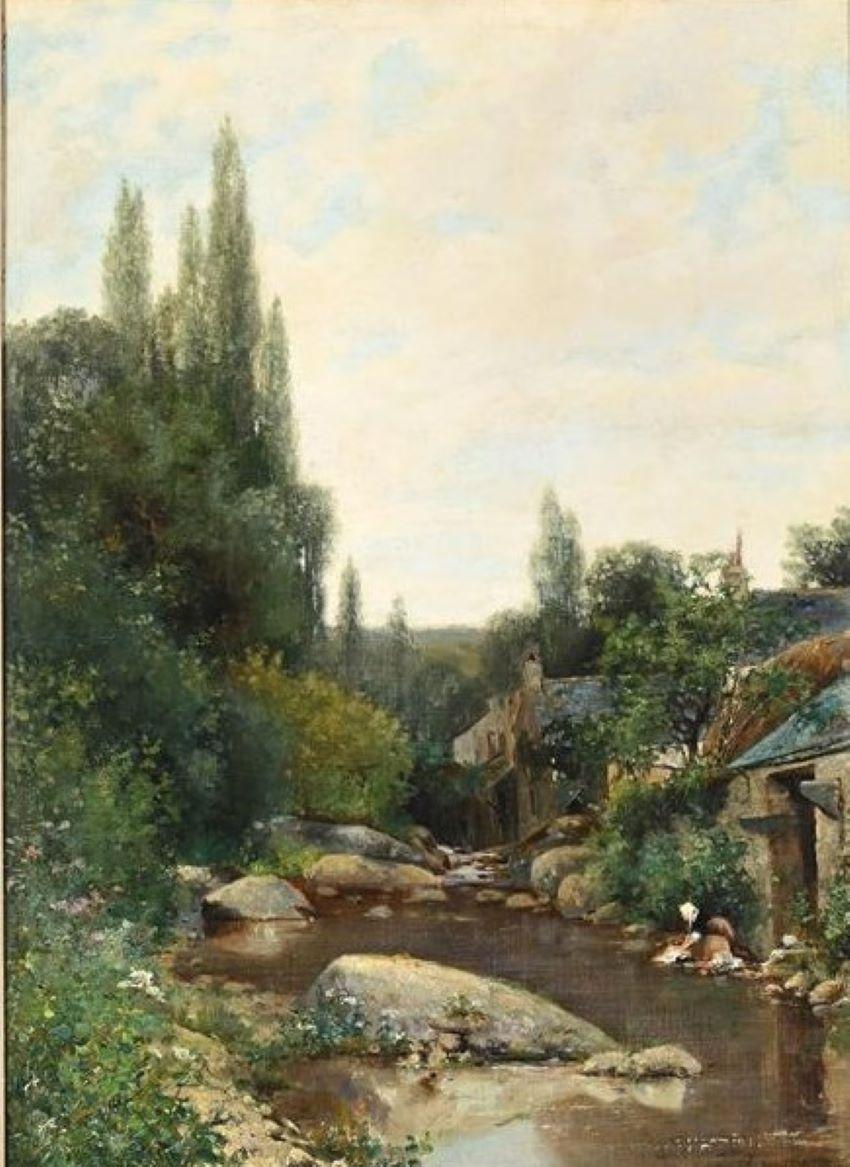 LES LAVEUSES, loire valley, french  landscape scene, oil by Henri DutzchoildD - Brown Landscape Painting by HENRI DUTZSCHOLD 