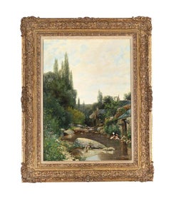 Antique LES LAVEUSES, loire valley, french  landscape scene, oil by Henri DutzchoildD
