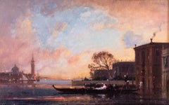 French 19th Century oil painting by Henri Duvieux of a gondola in Venice
