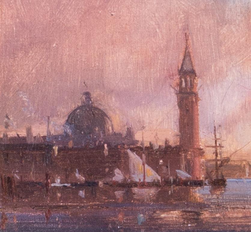 Henri Duvieux (French, c.1855 – 1902)
Gondola on a Venetian backwater, Santa Maria della Salute beyond
Oil on canvas
Signed ‘H Duvieux’ (lower right)
5.1/4 x 8.1/2 in. (13.3 x 21.7 cm.)
