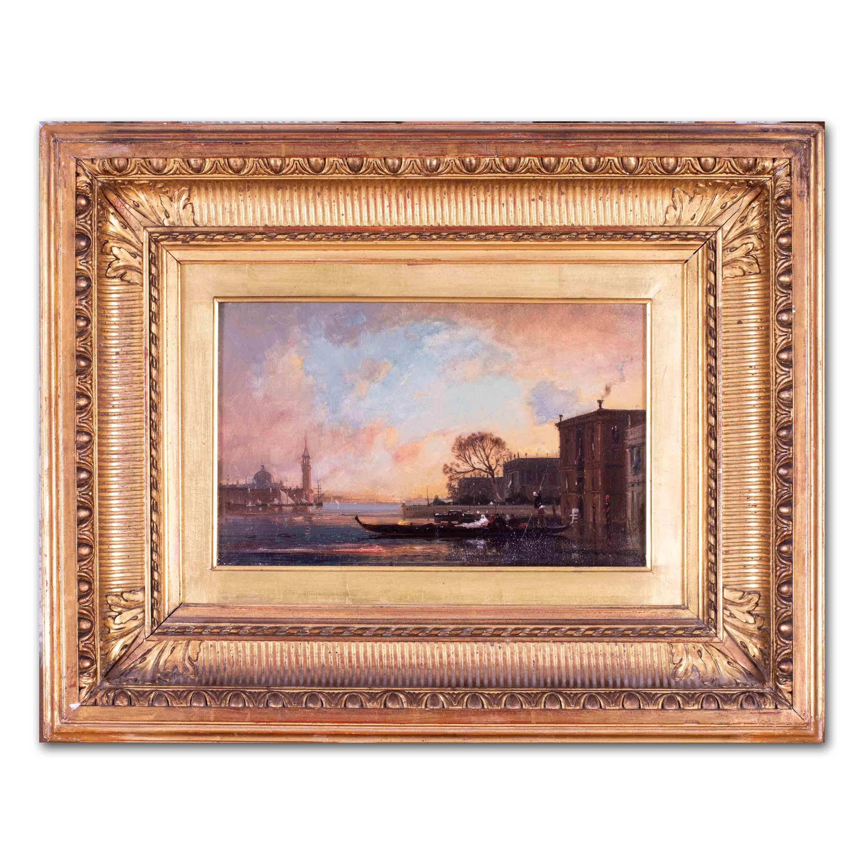 French 19th Century oil painting by Henri Duvieux of a gondola in Venice 4