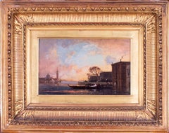 Peinture à l'huile française du 19ème siècle par Henri Duvieux d'une gondole à Venise