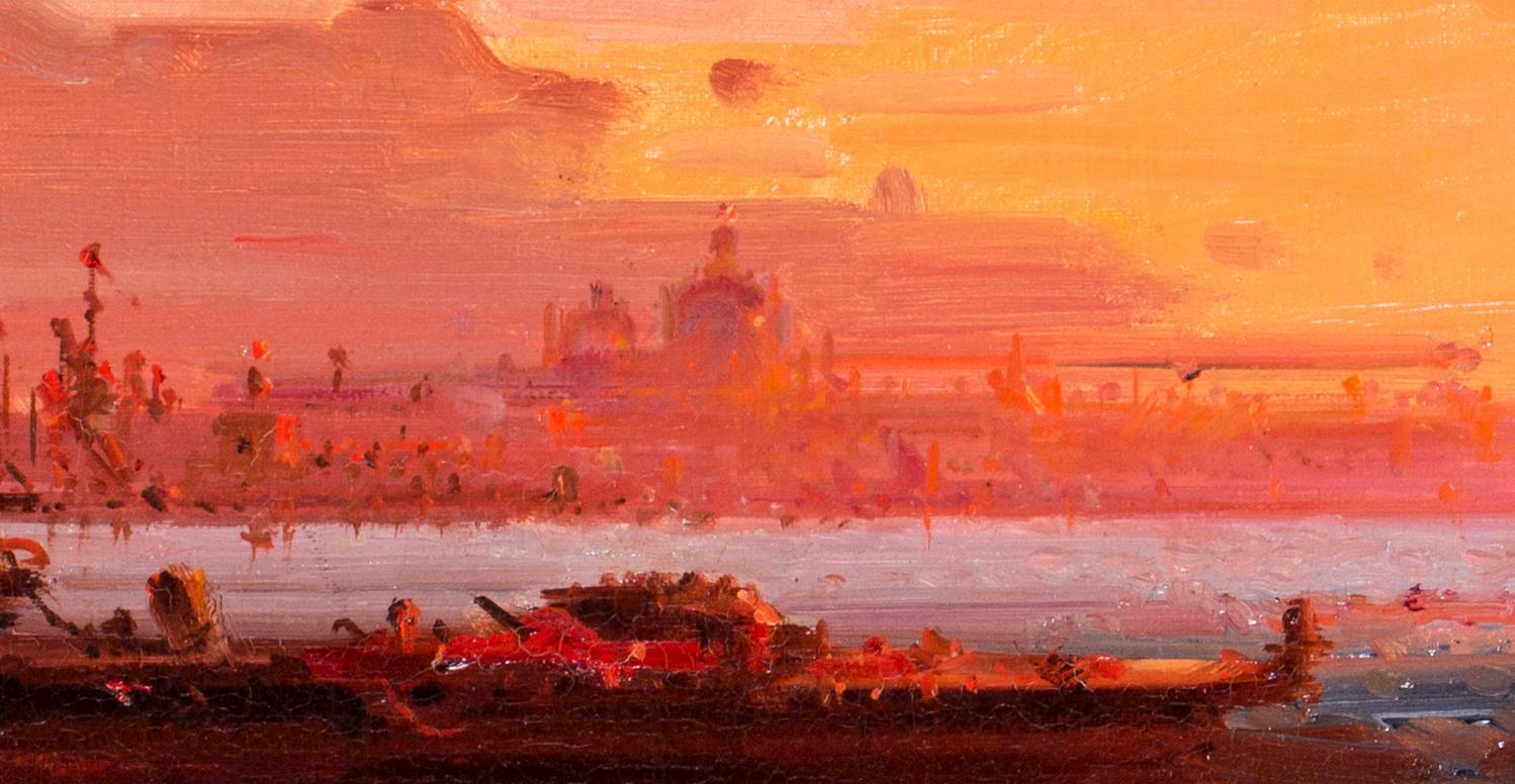 Sunset over the Venetian Lagoon - Orange Landscape Painting by Henri Duvieux