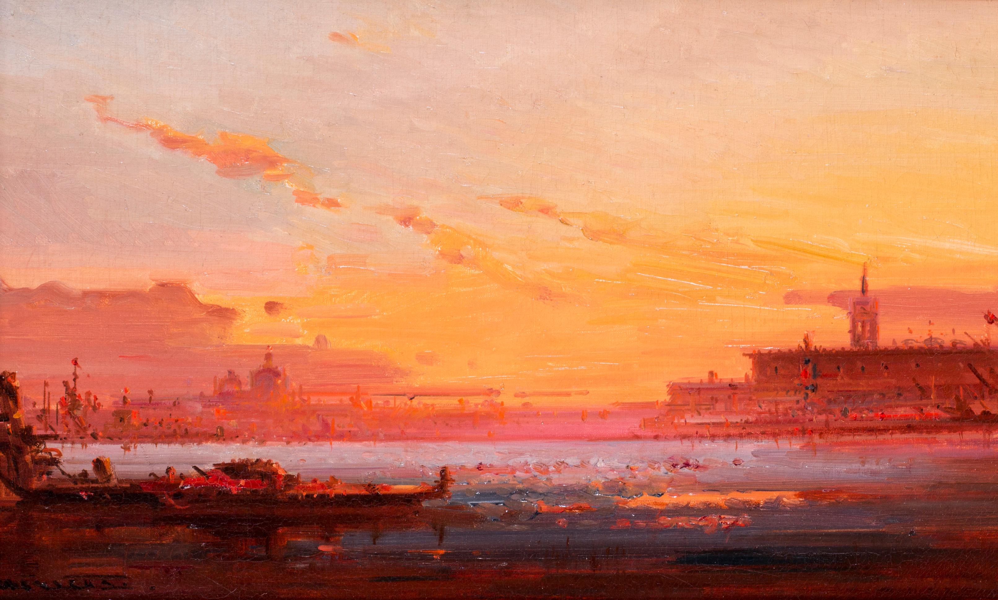 Sunset over the Venetian Lagoon - Impressionist Painting by Henri Duvieux