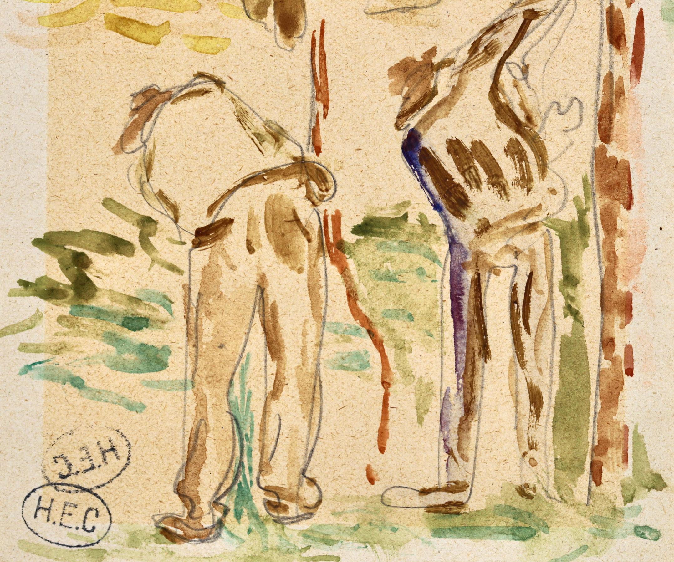 Impressionistisches Aquarell auf Papier um 1890 von dem französischen neoimpressionistischen Maler Henri Edmond Cross. Das Werk ist eine Rückansicht von drei Arbeitern in stehender und kniender Position. 

Unterschrift:
Zweimal gestempelt mit dem