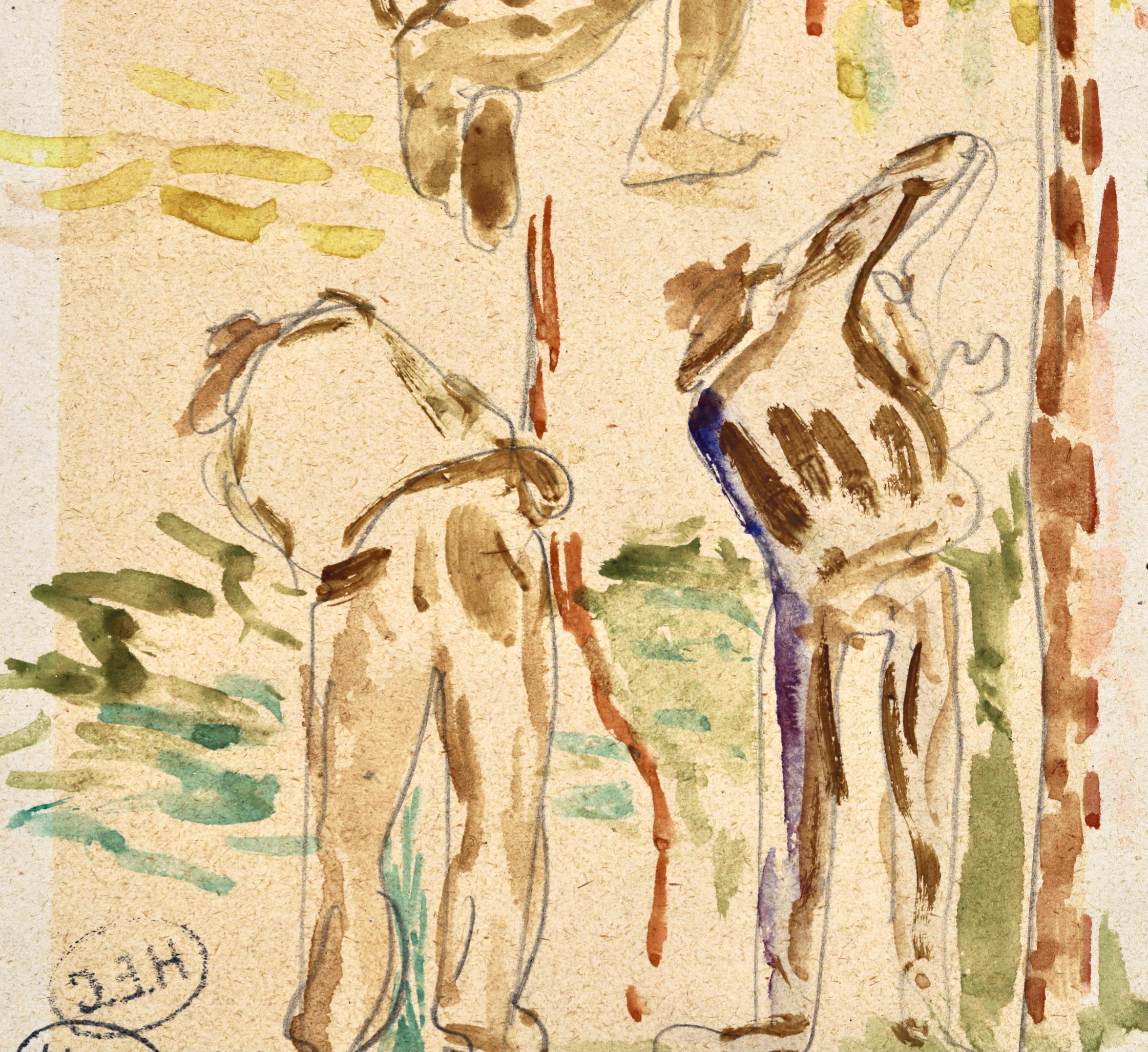 Impressionist watercolour on paper circa 1890 by French Neo-Impressionist painter Henri Edmond Cross. The work is a rear view study of three workers in standing and kneeling positions. 

Signature:
Stamped twice with the cachet of the painter lower
