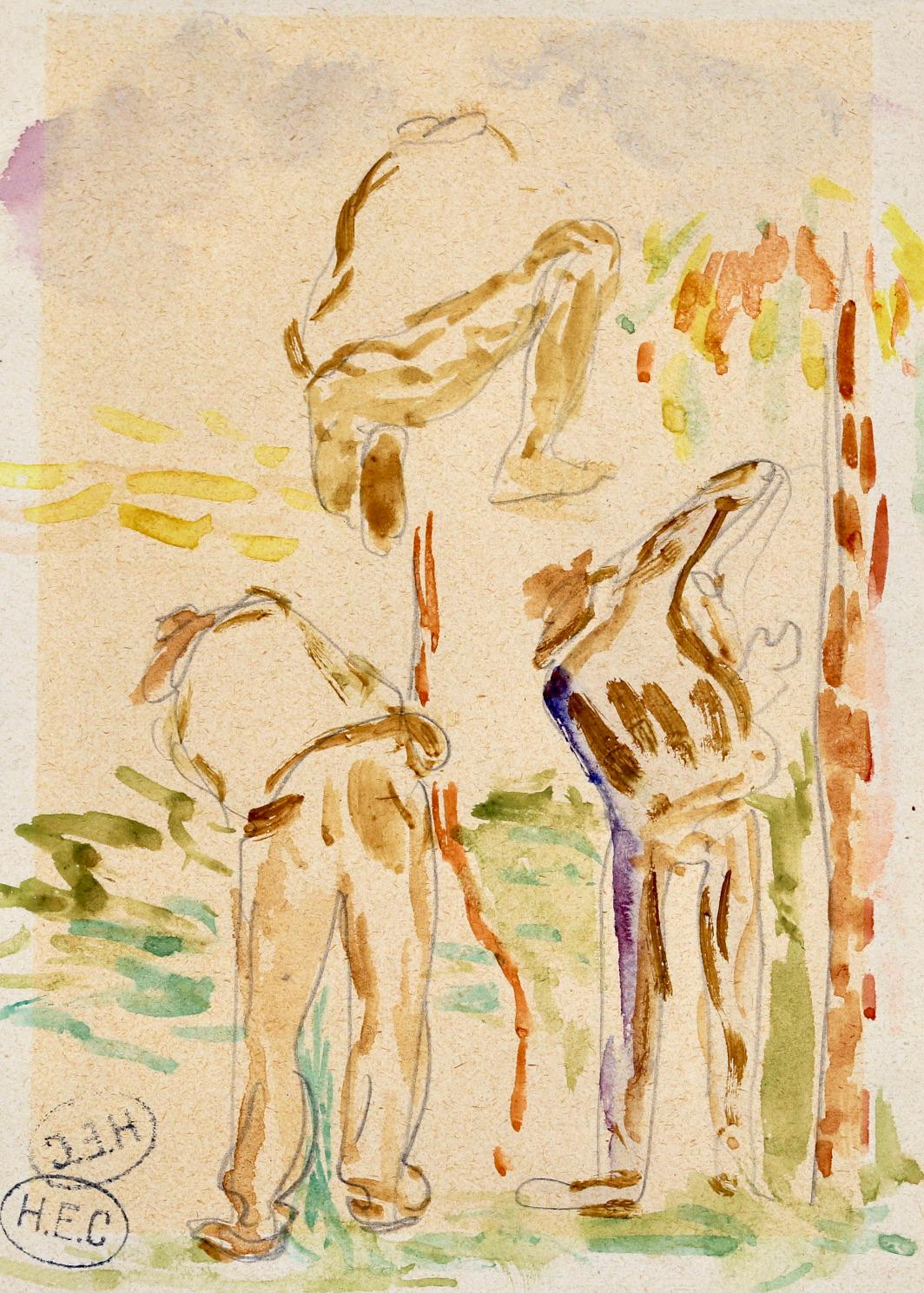 Etude de travailleurs - Aquarelle figurative impressionniste d'Henri Cross