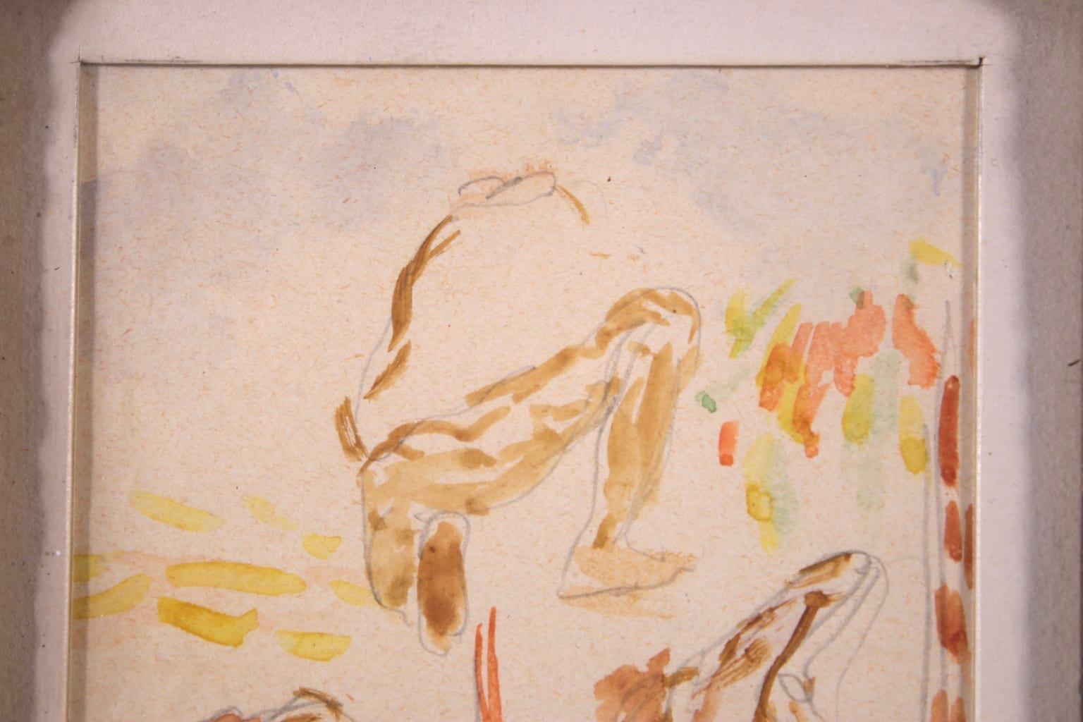 Etude de travailleurs - Impressionist Watercolor, Study of Figures - Henri Cross - Beige Portrait Painting by Henri Edmond Cross