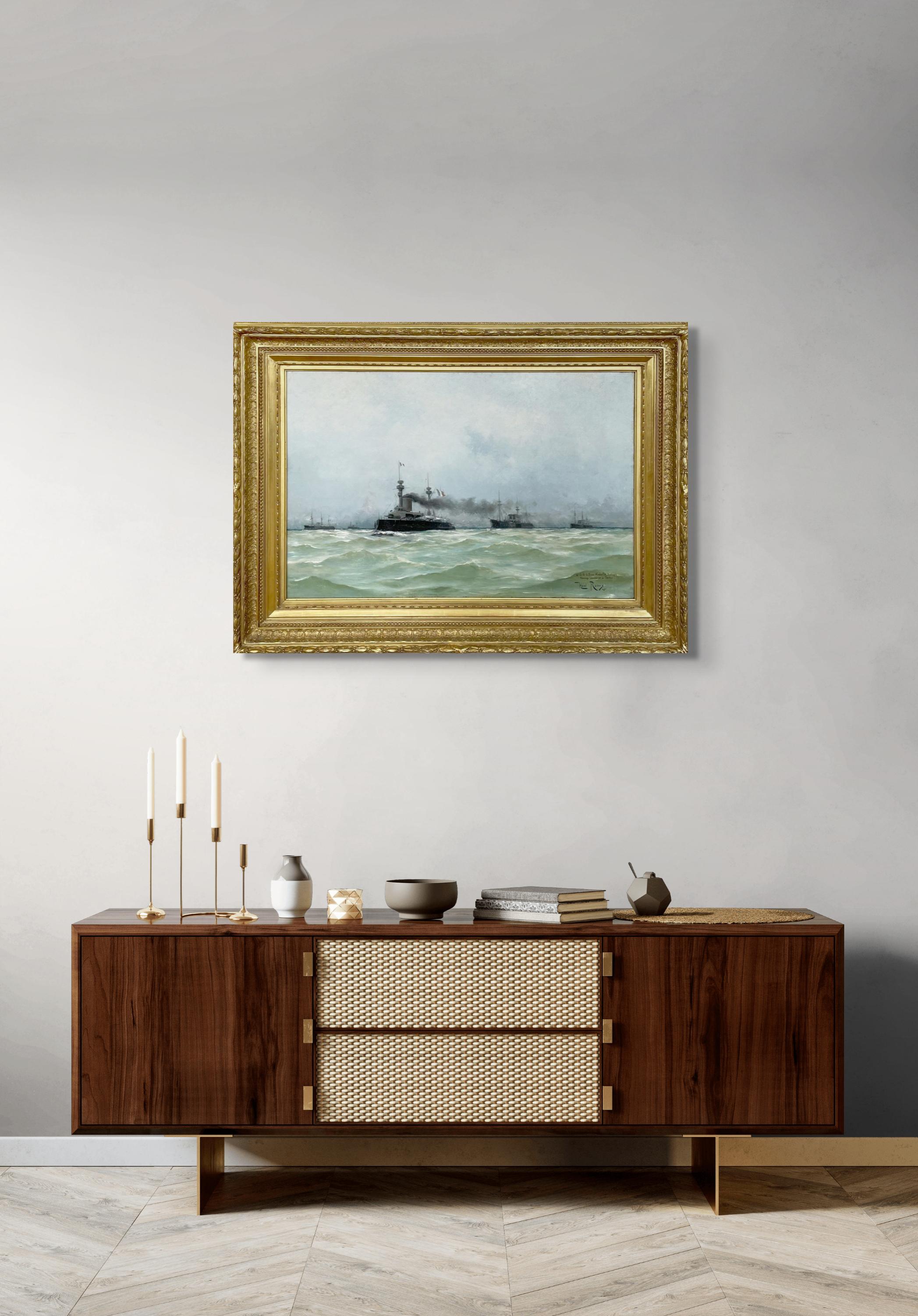 Französische Kriegsschiffe auf See, Marineszene – Painting von Henri Edmund Rudaux