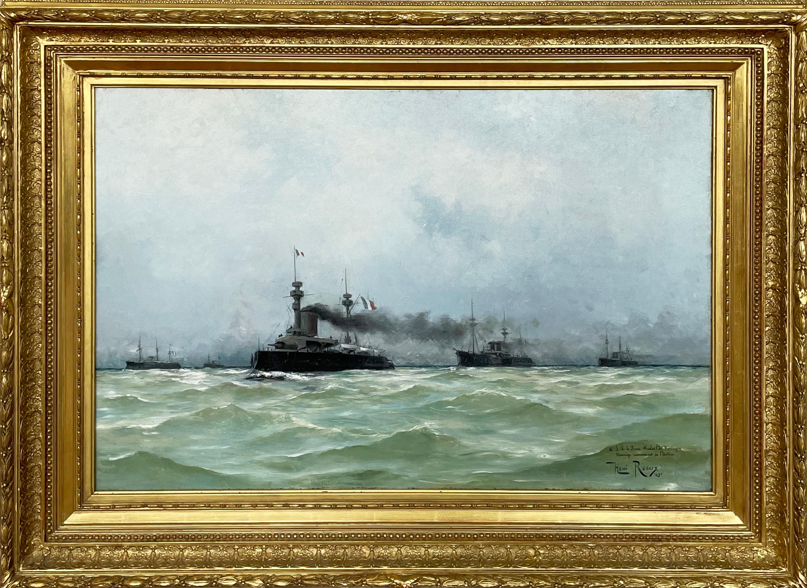 Französische Kriegsschiffe auf See, Marineszene (Französische Schule), Painting, von Henri Edmund Rudaux