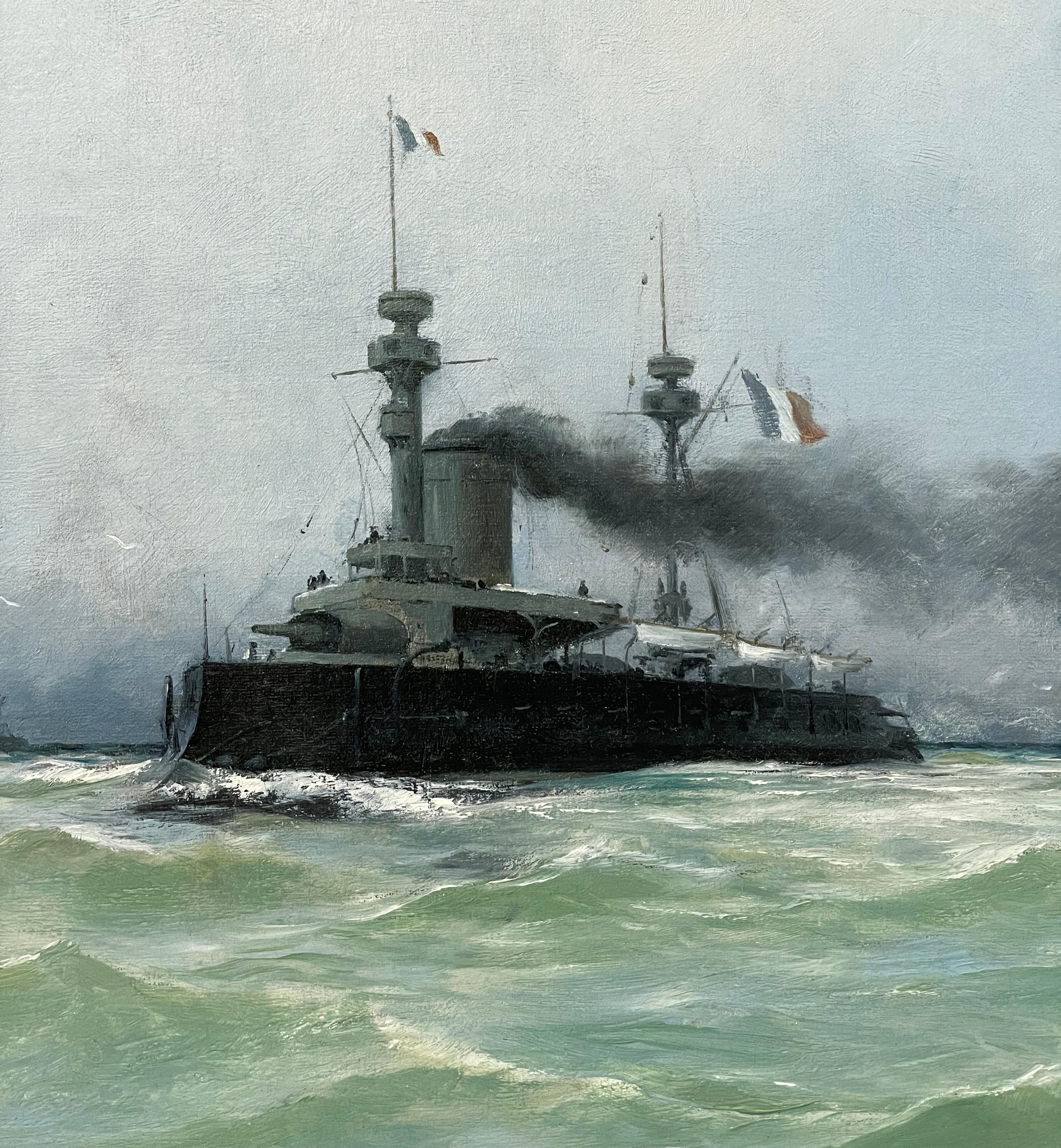 Französische Kriegsschiffe auf See, Marineszene (Grau), Landscape Painting, von Henri Edmund Rudaux