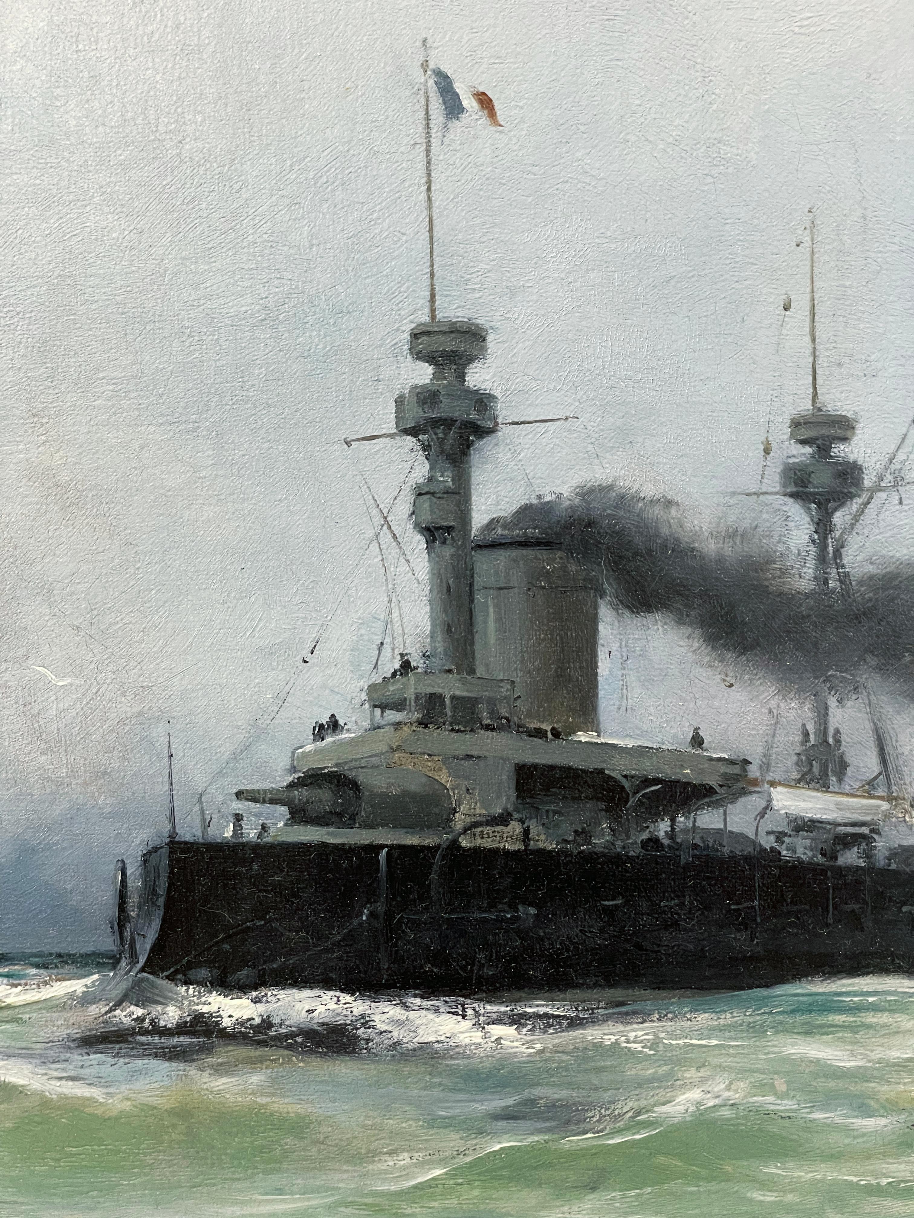 Ein interessanter Moment in der Geschichte, eingefangen in einer Meeresszene, die eine starke, aber attraktive Farbpalette aufweist!  Ein sensationeller, speziell für das Werk angefertigter Empire-Rahmen mit 23 Karat.
Henri Rudaux ist ein