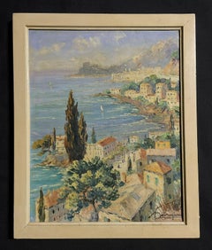 French Post Impressionist Signed Oil View towards Monaco Monte Carlo Coastline