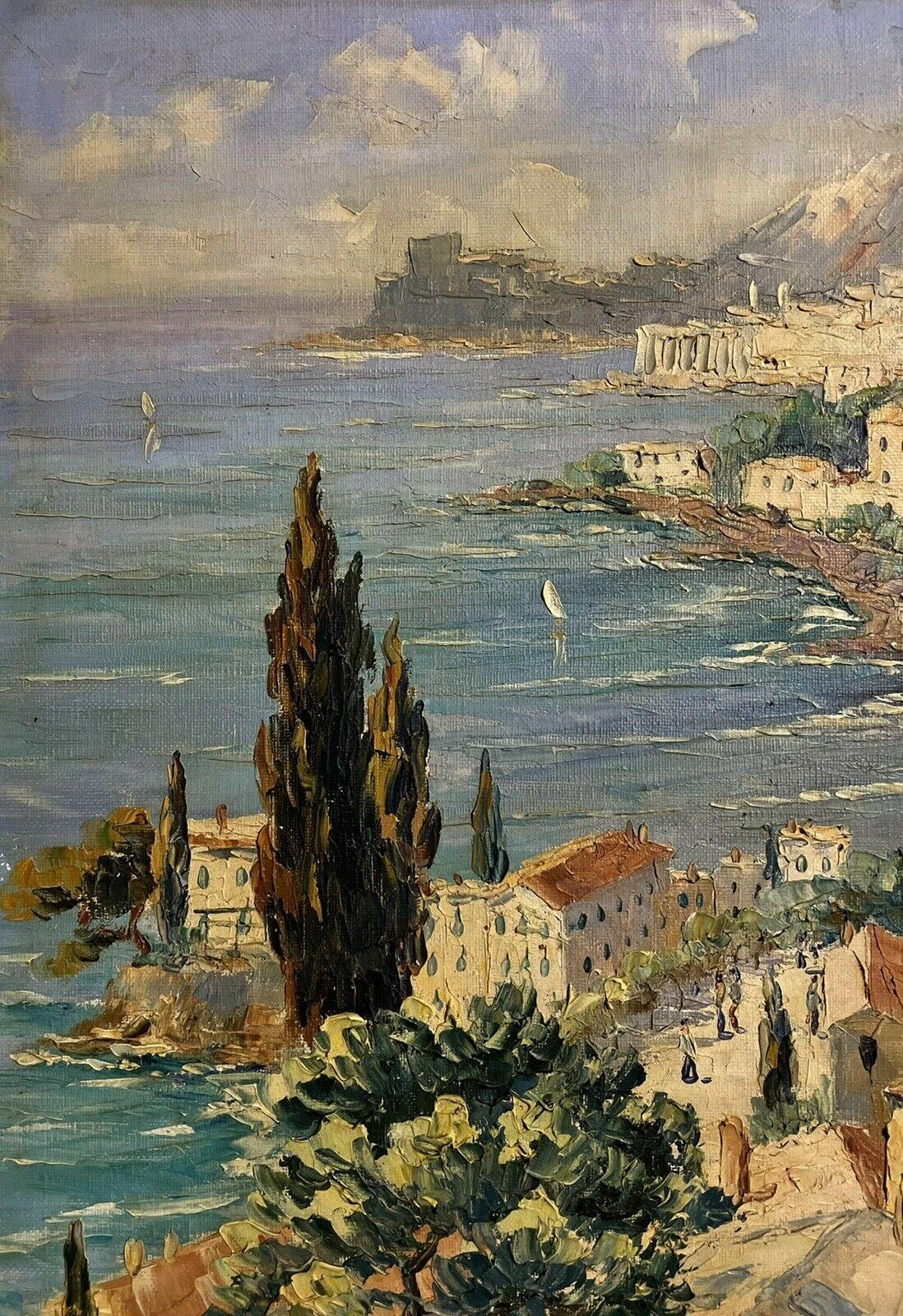 Óleo francés postimpresionista firmado Vista hacia la costa de Mónaco Montecarlo - Painting Impresionista de Henri Edouard Bargin (1906-1980)