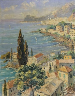 Vue à l'huile post-impressionniste française signée vers la côte de Monaco et Monte-Carlo