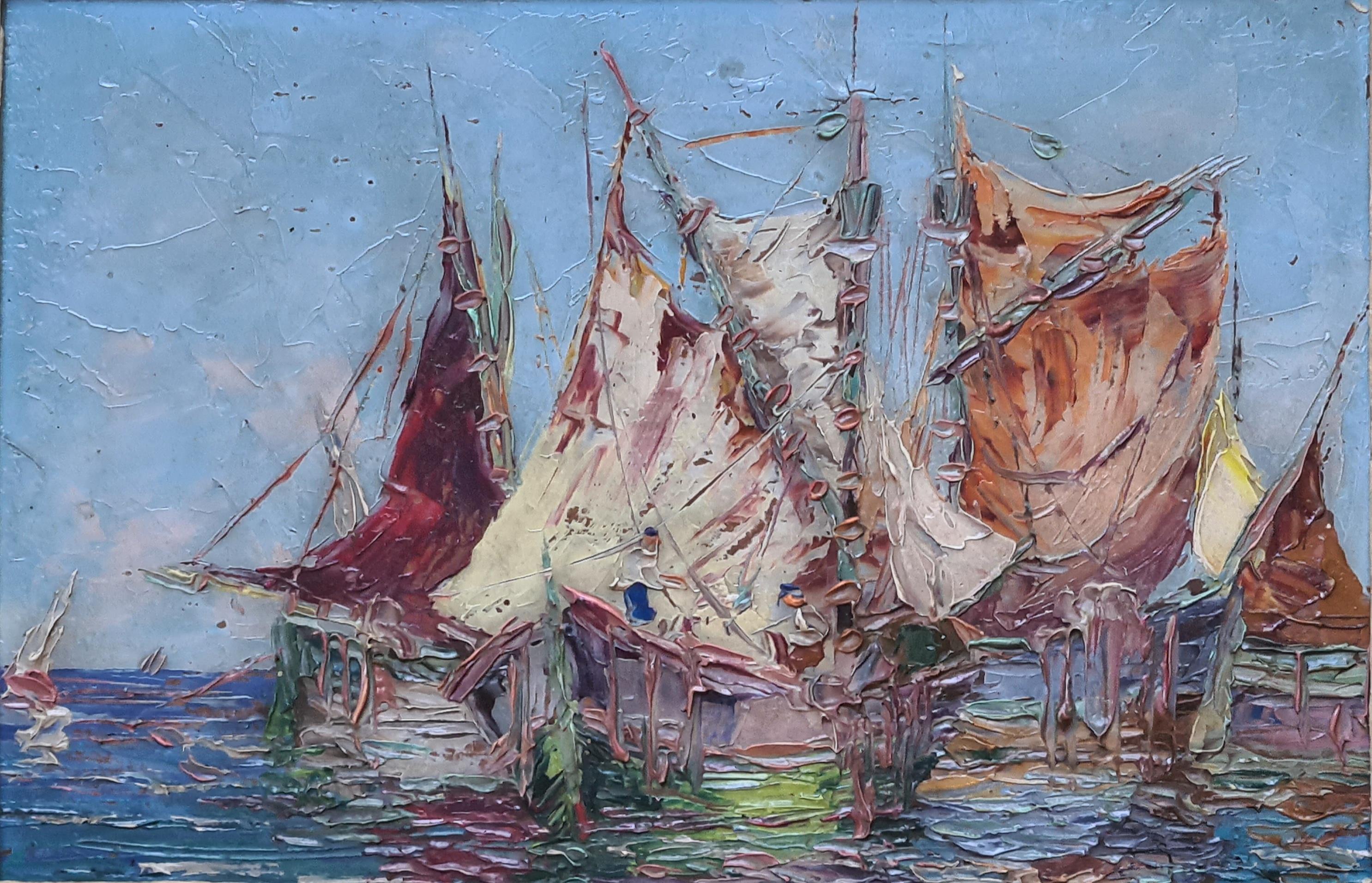Les Voiliers de Pêche - Post-impressionnisme Painting par Henri Edouard Bargin