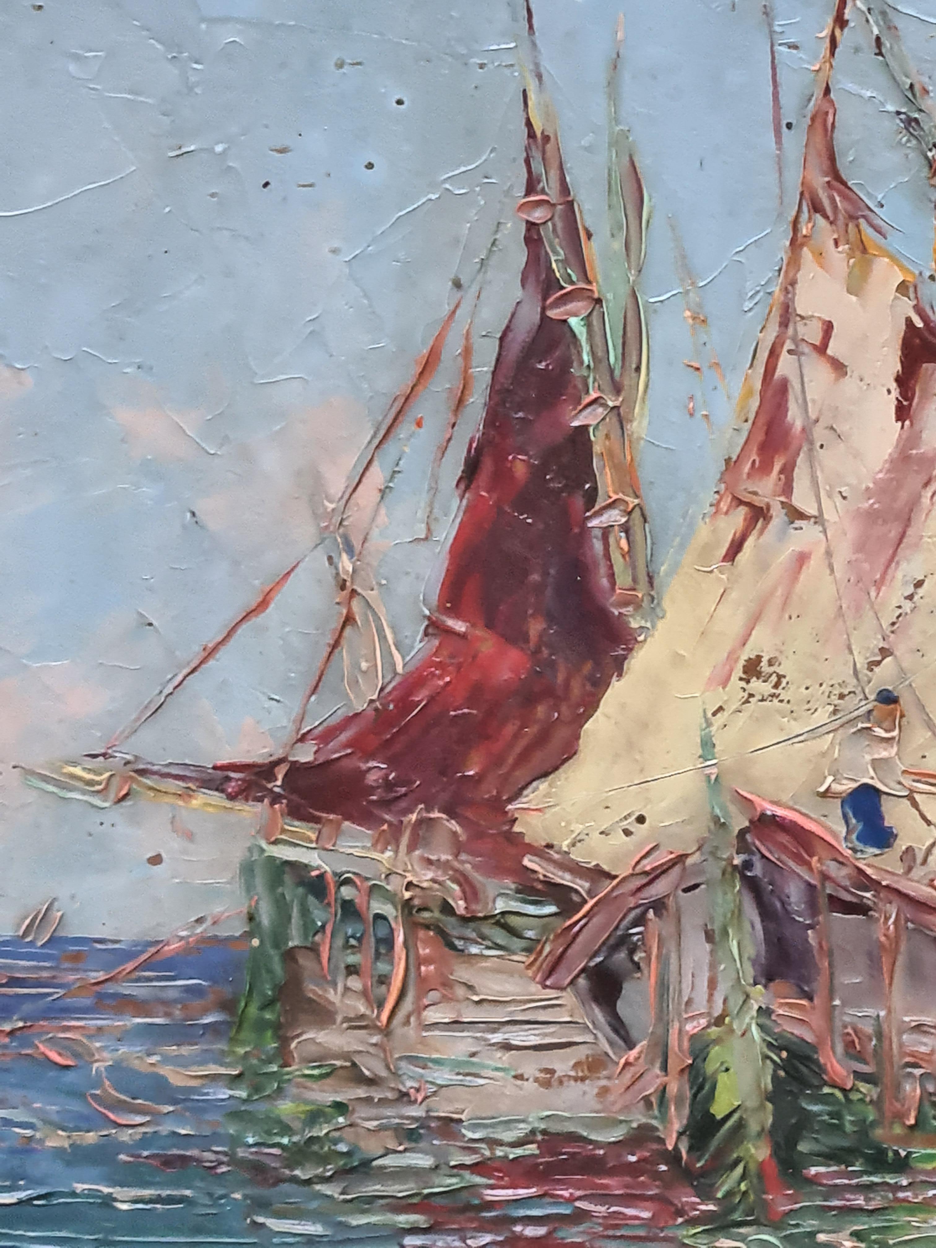 Les Voiliers de Pêche, The Fishing Boats. French Impressionist oil on Board. For Sale 1