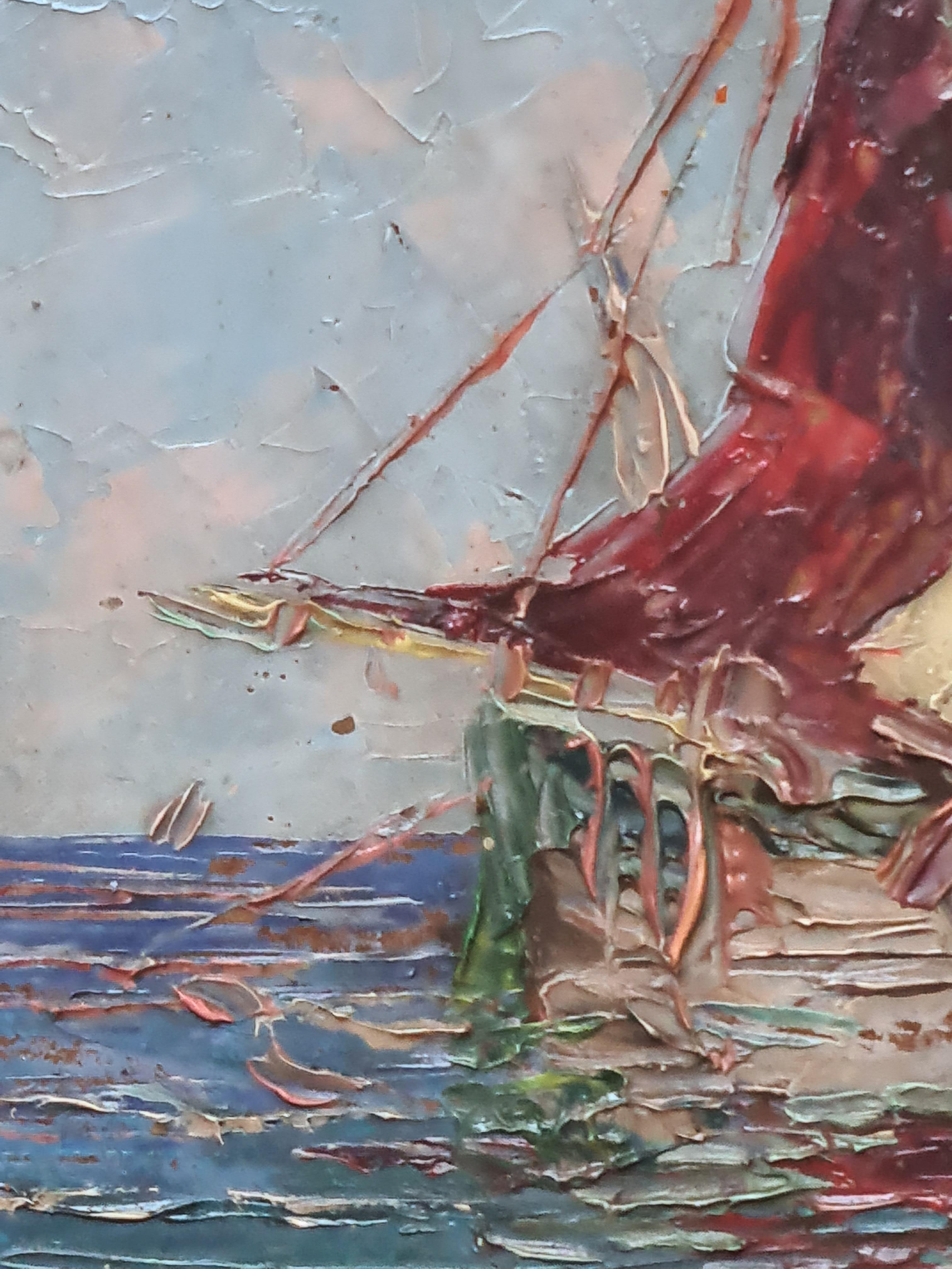 Les Voiliers de Pêche, The Fishing Boats. French Impressionist oil on Board. For Sale 2
