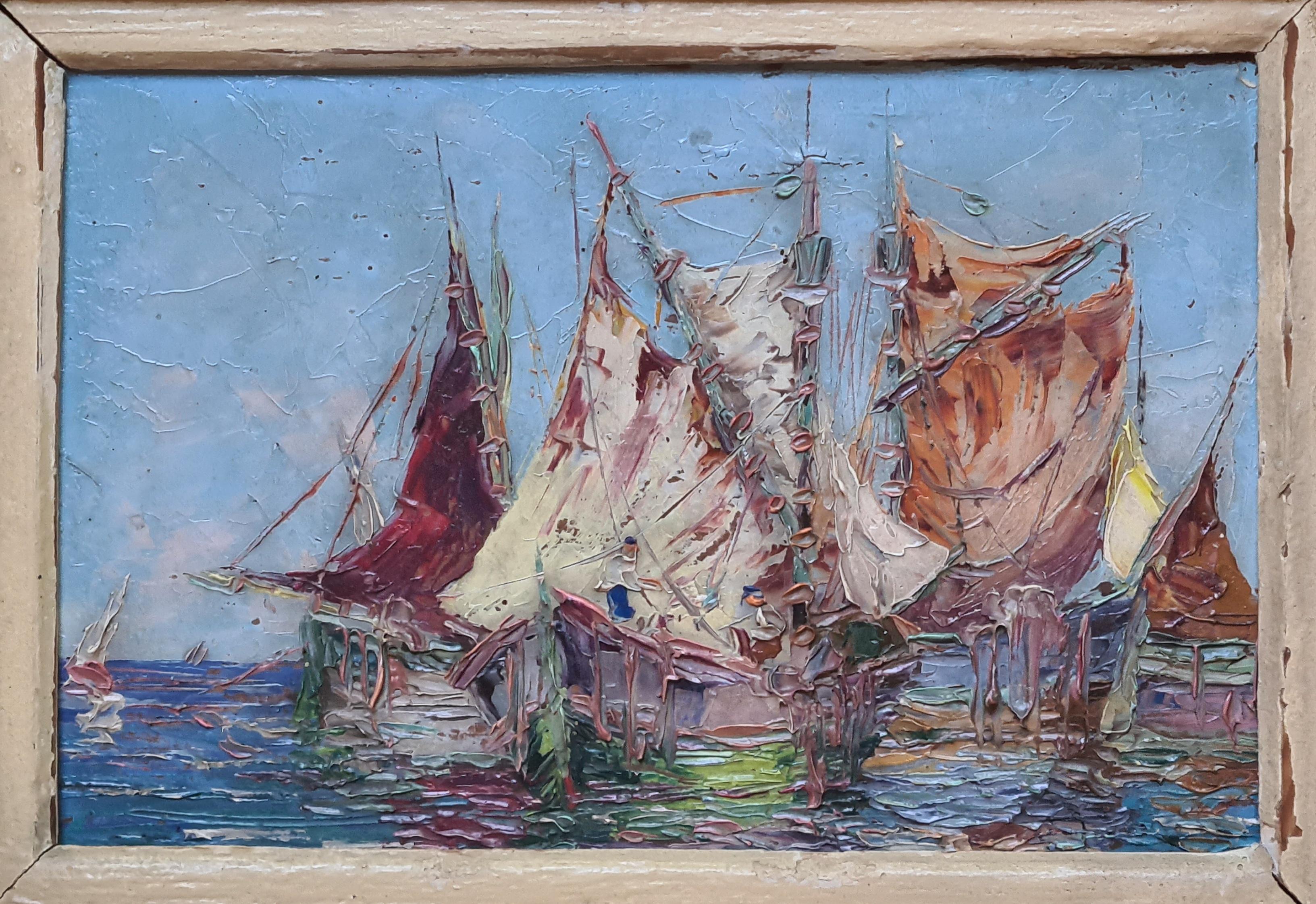 Henri Edouard Bargin Figurative Painting - Les Voiliers de Pêche, The Fishing Boats. French Impressionist oil on Board.