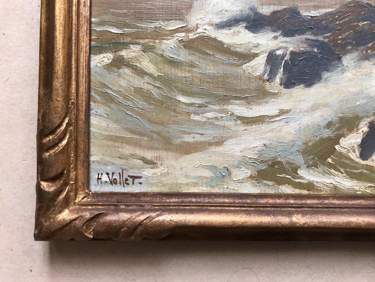 Waves hitting the rocks, original antique oil on panel, Impressionist French - Painting by Henri Emile Vollet