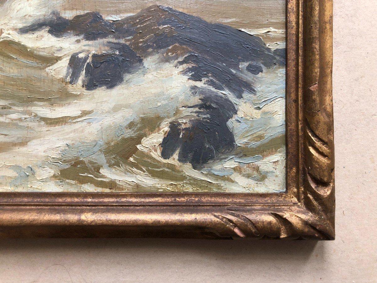 Henri Emile Vollet's impressionist creation is a mesmerizing dance of nature and emotion. Dominated by craggy rocks, these stalwart guardians rise defiantly amidst a restless sea, each wave's collision evoking a symphony of splashes and spray.