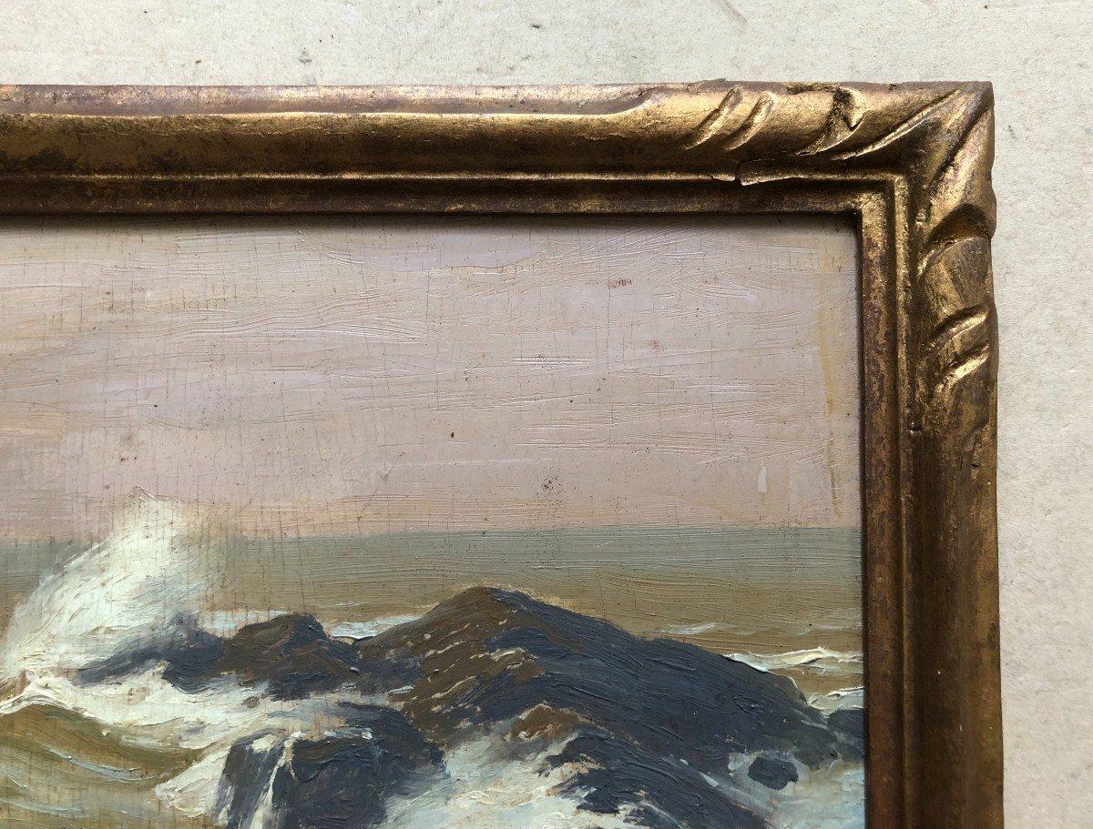 Waves hitting the rocks, original antique oil on panel, Impressionist French For Sale 1