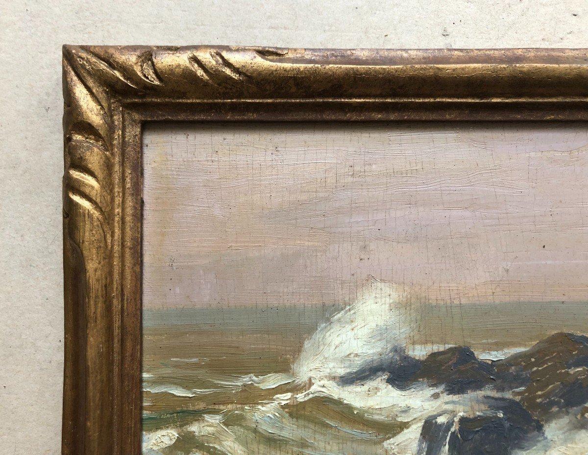 Waves hitting the rocks, original antique oil on panel, Impressionist French For Sale 2