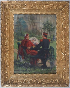 Antique Familly in a Square - Original Oil on Canvas, Signed