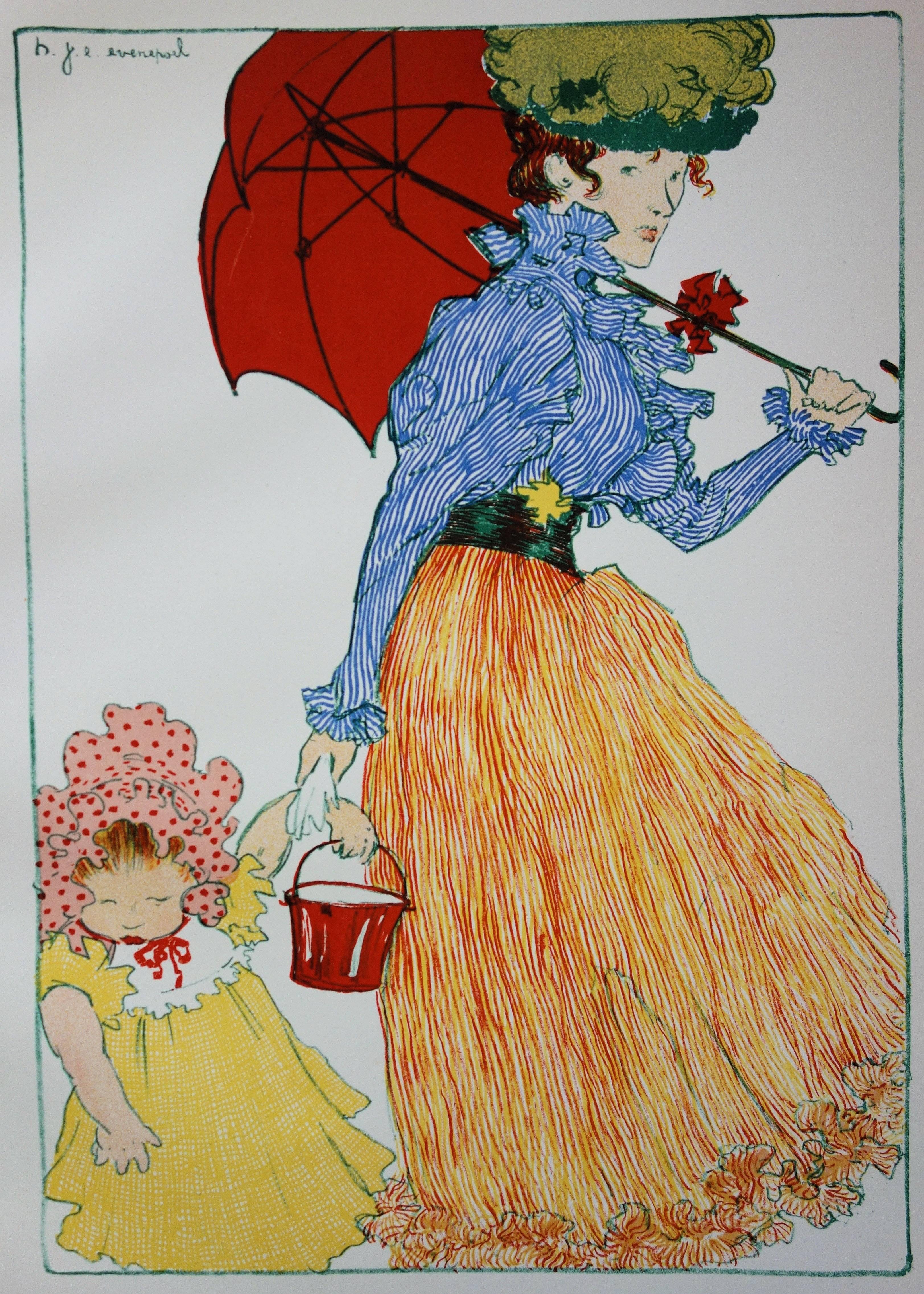 Andare al parco - litografia originale, 1897 - Print Art Nouveau di Henri Evenepoel