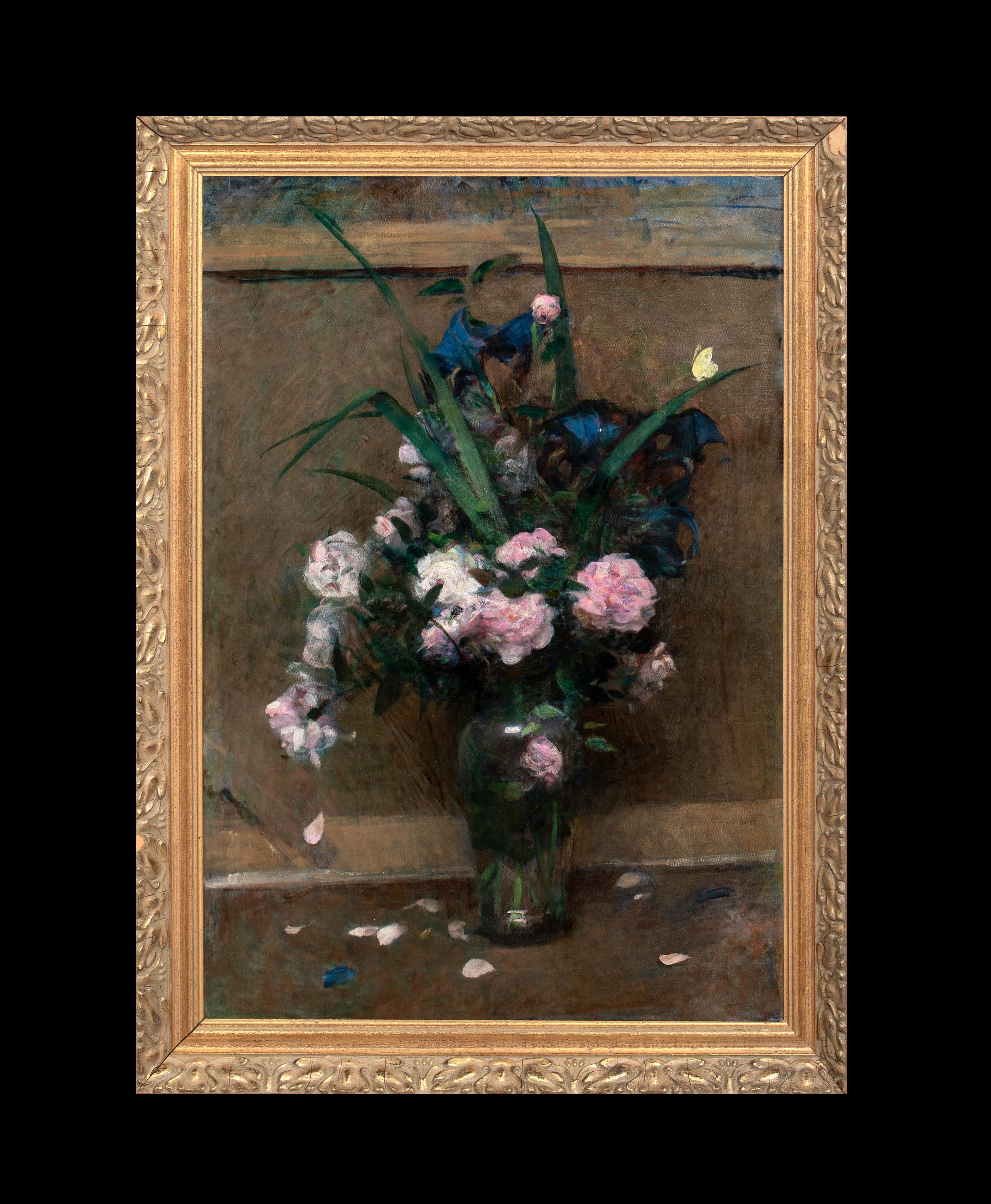 Natura morta di rose appassite e una farfalla, XIX secolo - Painting di Henri Fantin-Latour