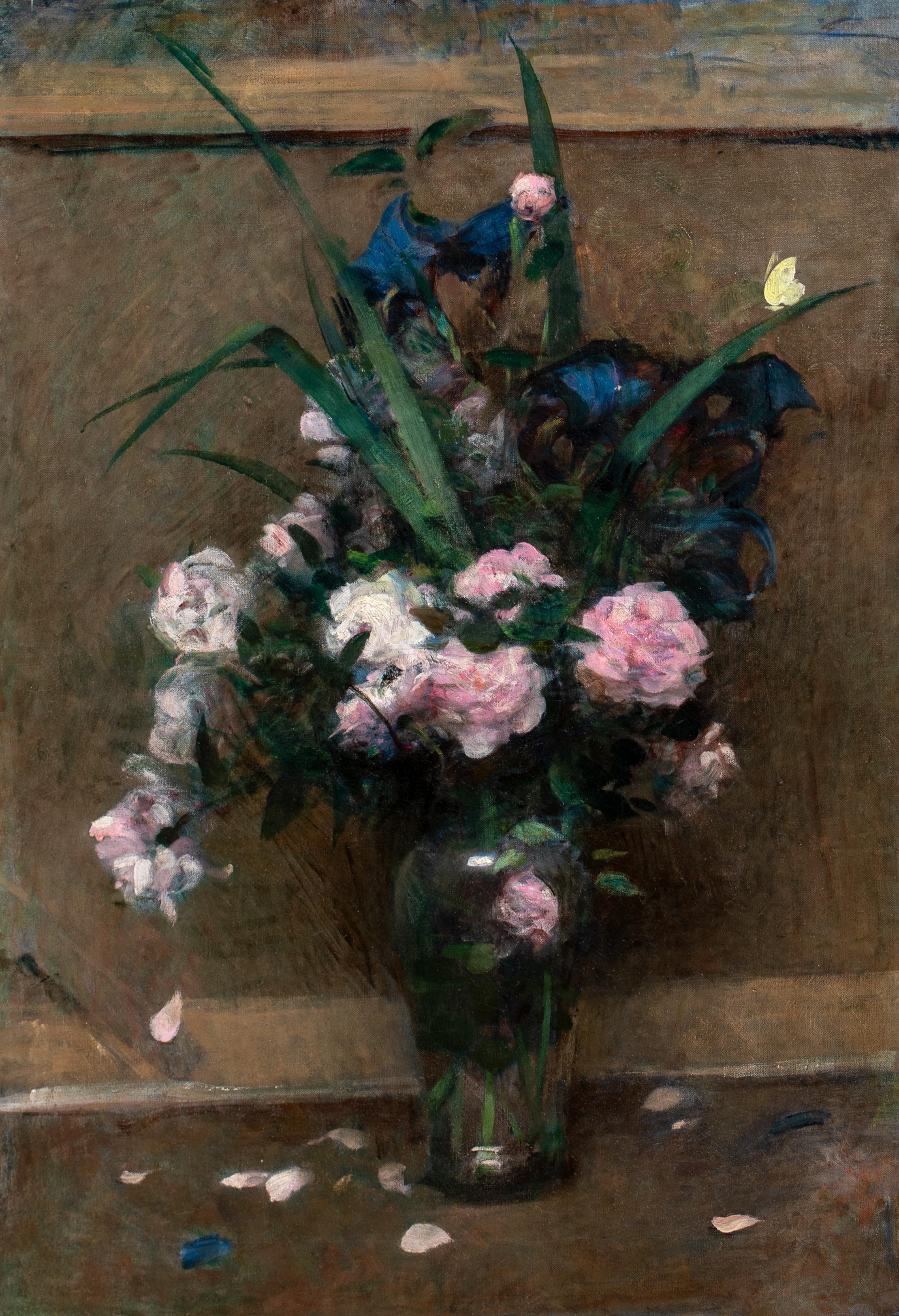 Natura morta di rose appassite e una farfalla, XIX secolo - Still-Life Painting Nero di Henri Fantin-Latour