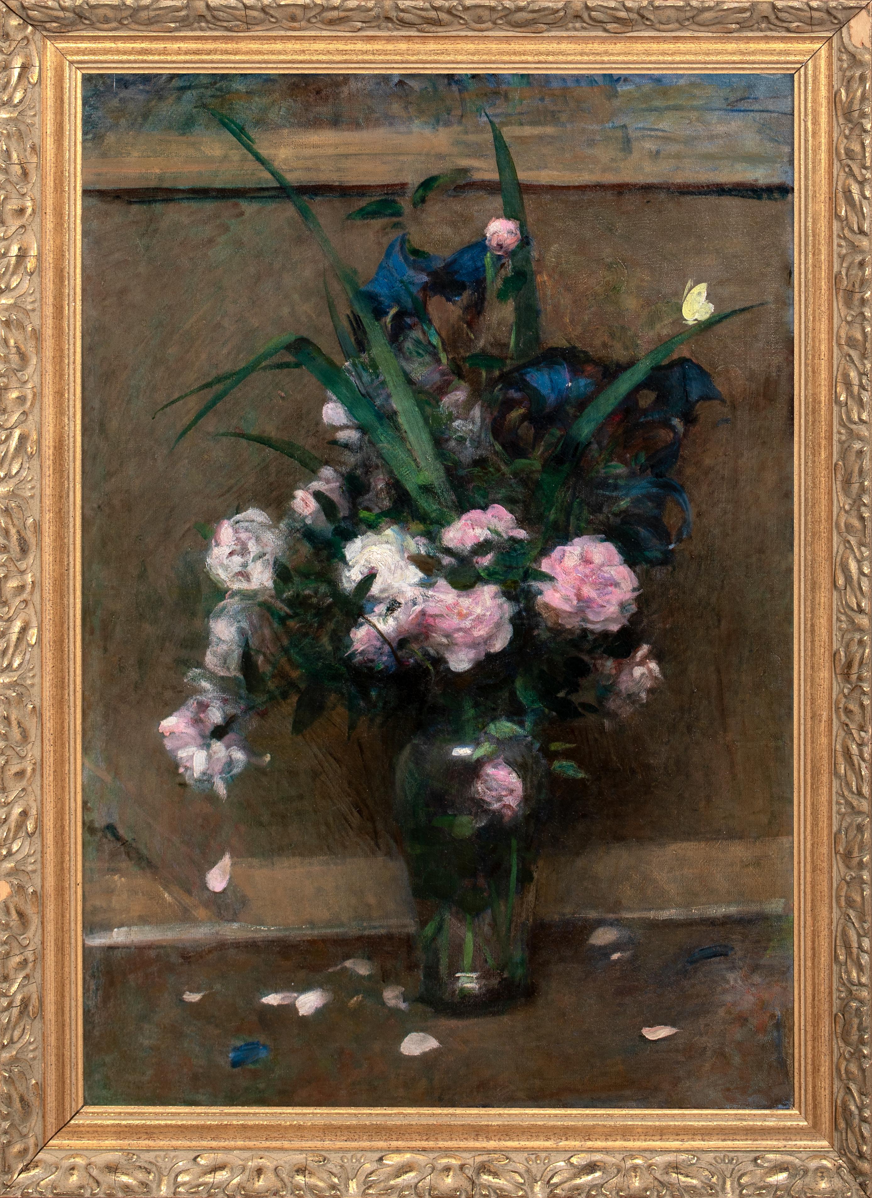 Still-Life Painting di Henri Fantin-Latour - Natura morta di rose appassite e una farfalla, XIX secolo