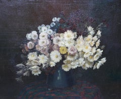 Yellow Chrysanthemums in Vase - French 19thC floral still life art oil painting