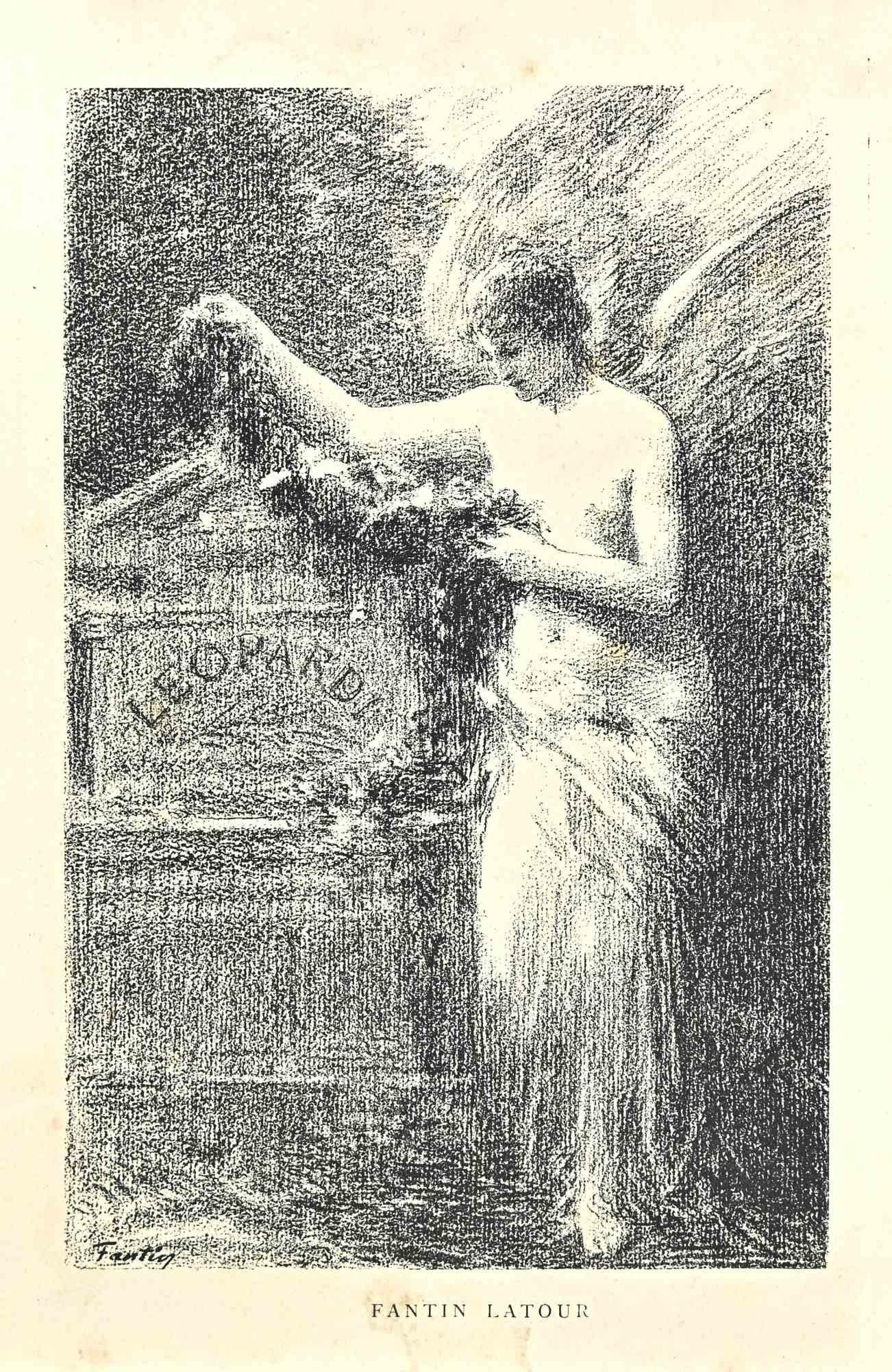 Das Gedenken an Leopardi ist eine wunderbare Schwarz-Weiß-Lithographie auf Papier, die Ende des 19. Jahrhunderts von dem französischen Künstler Henri Fantin-Latour (Grenoble, 1836 - Buré, 1906) geschaffen wurde.

Signiert auf der Platte am unteren