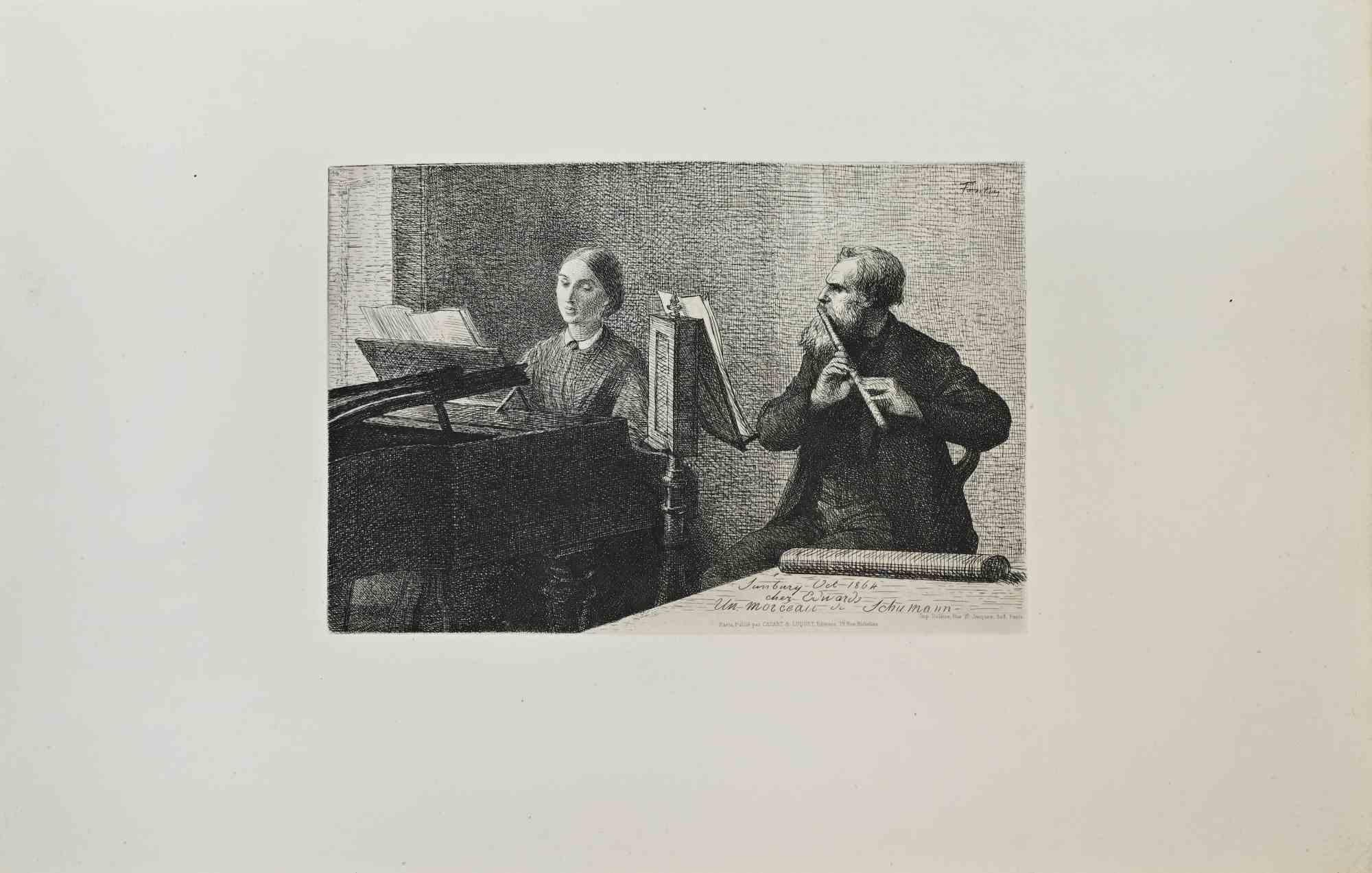 Acquaforte su carta vergata
Firmato e datato nella lastra in basso al centro: Dresde ottobre 1863 / Fantin
Con dedica: Un morceau de Schumann
Pubblicato da Cadart & Luquet, Éditeurs, 79 Rue Richelieu, Parigi
Con il timbro a secco della Société des