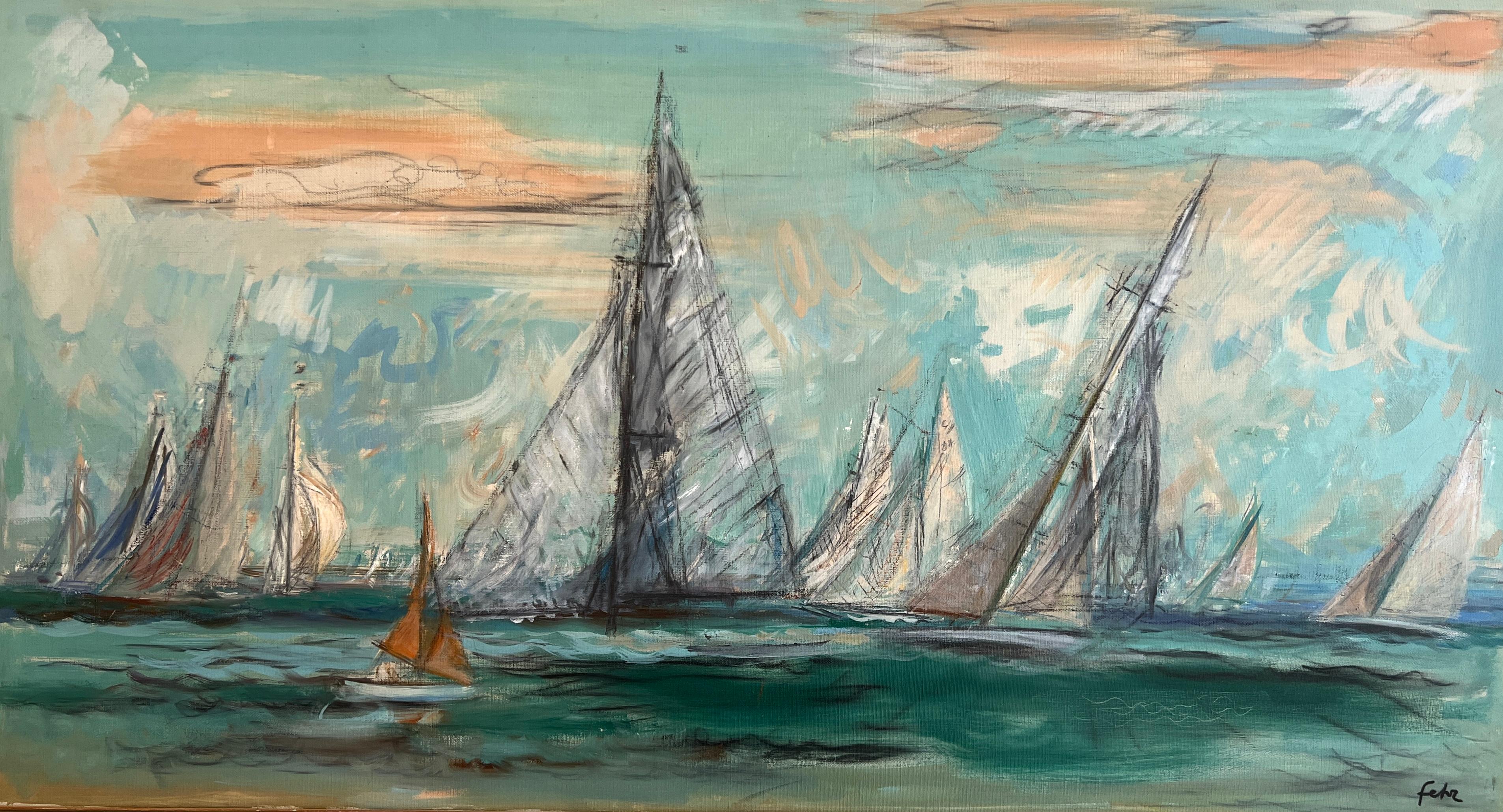 Pintura al óleo «Regata en Ginebra», posimpresionista, mediados del siglo XX