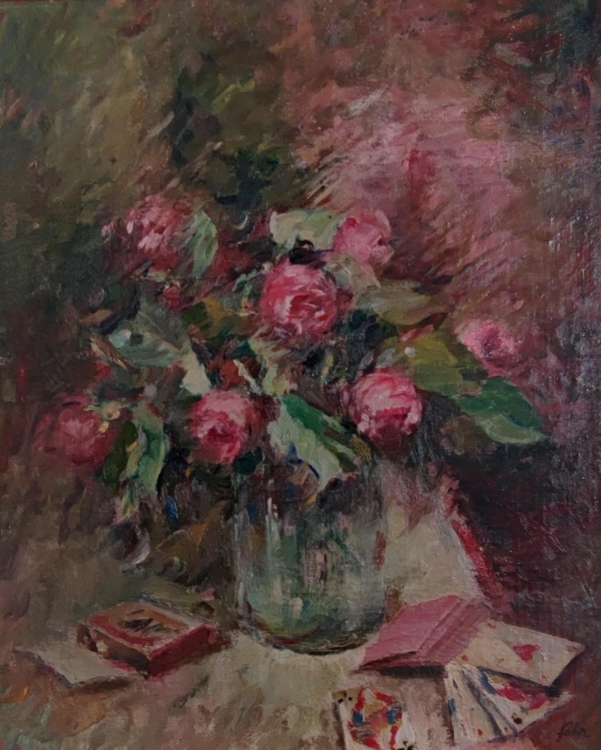 Still life with vase of roses and deck of cards - Painting by Henri Fehr 