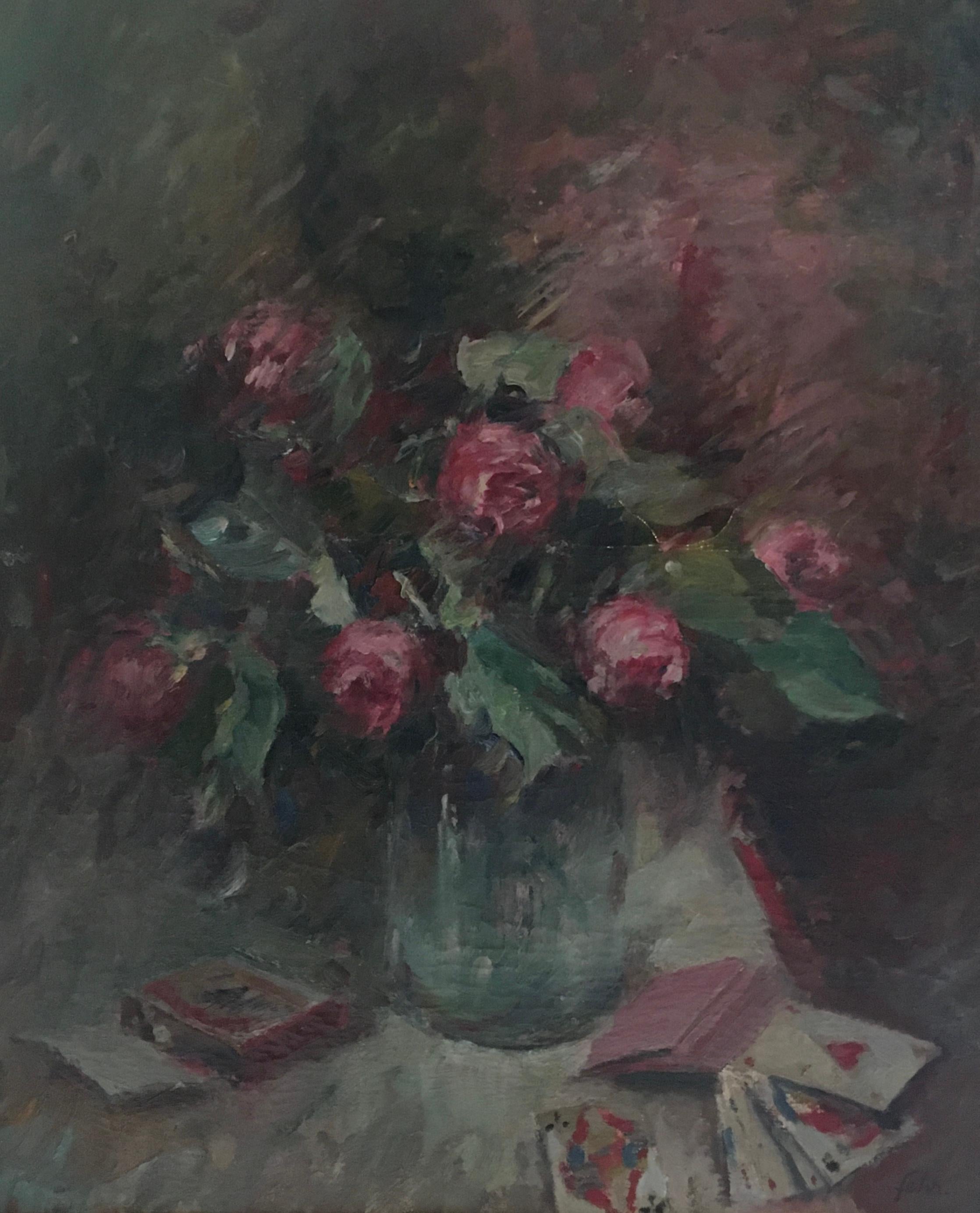 Henri Fehr  Portrait Painting - Still life with vase of roses and deck of cards