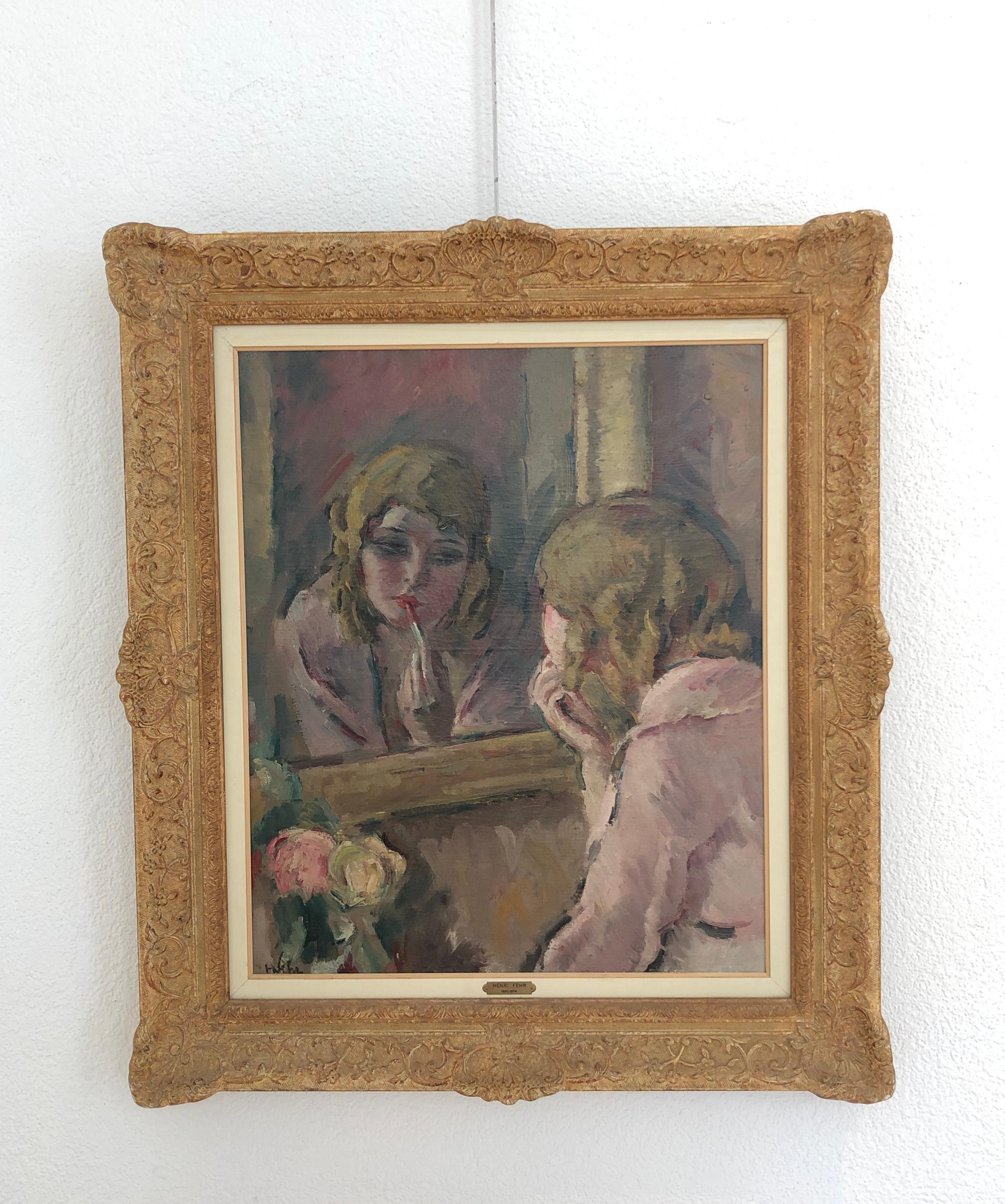 Junges Mädchen mit Lippenstift – Painting von Henri Fehr 
