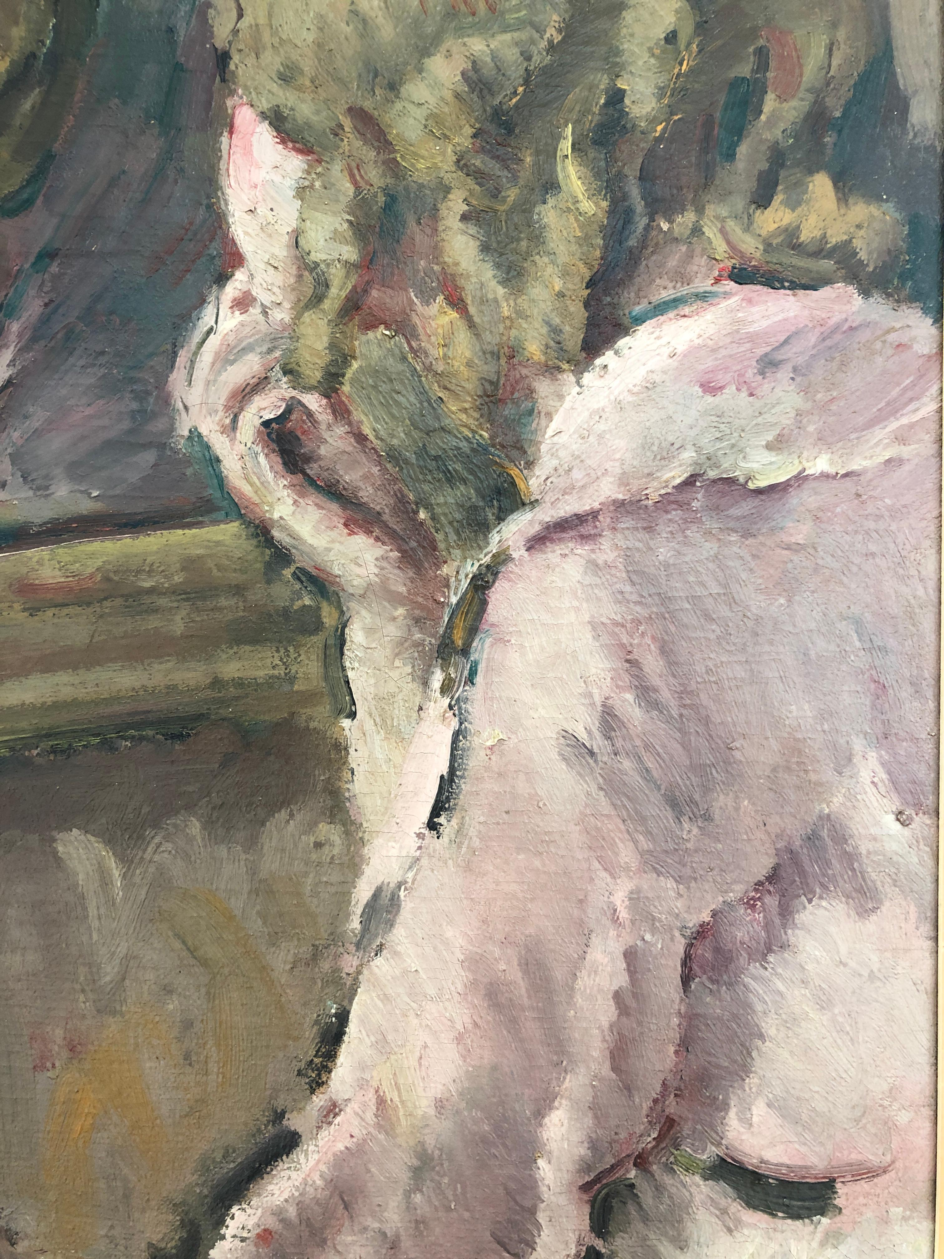 Junges Mädchen mit Lippenstift (Grau), Figurative Painting, von Henri Fehr 