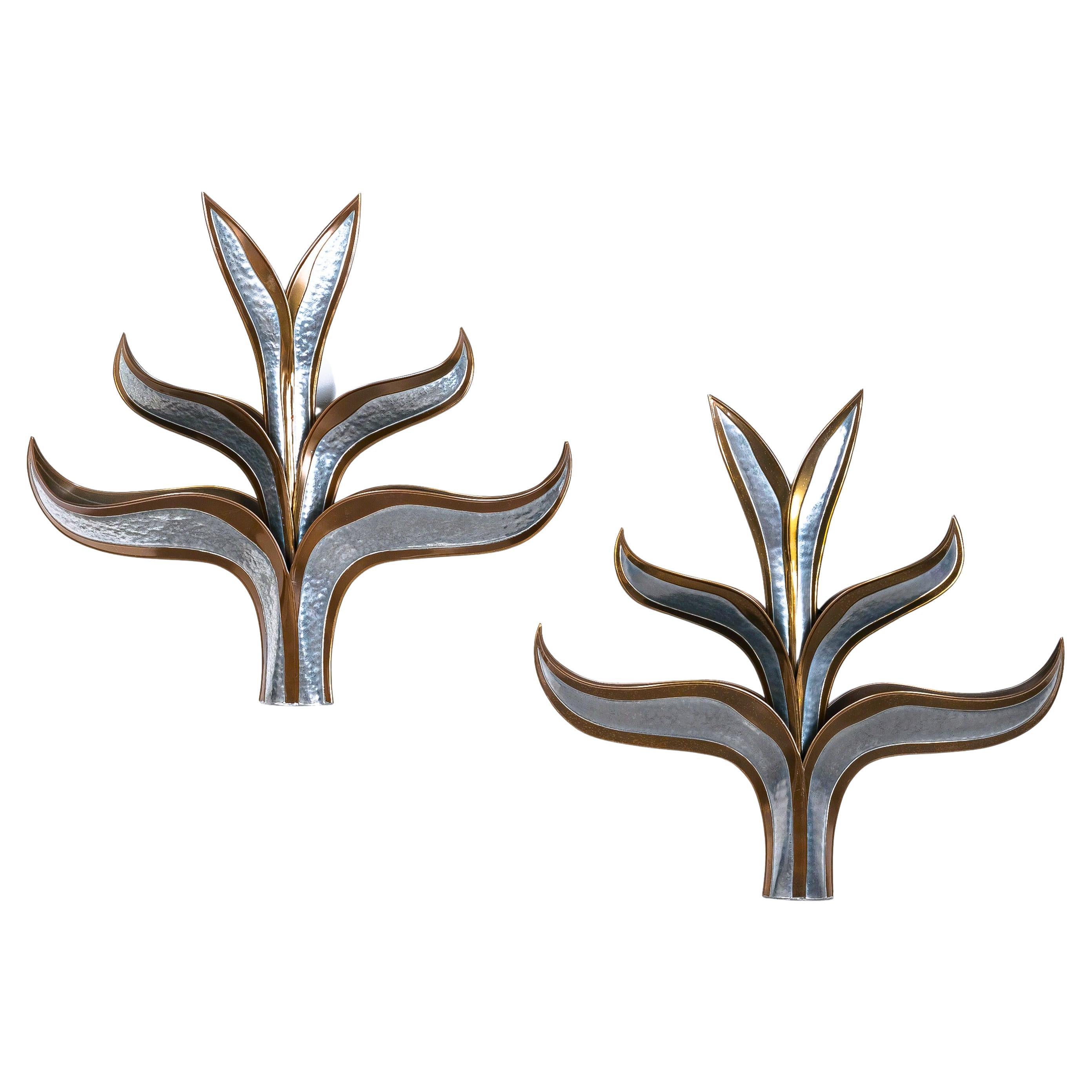 Henri Fernandez Artisan Brass Palm Giant Wall Lamps France, 1960