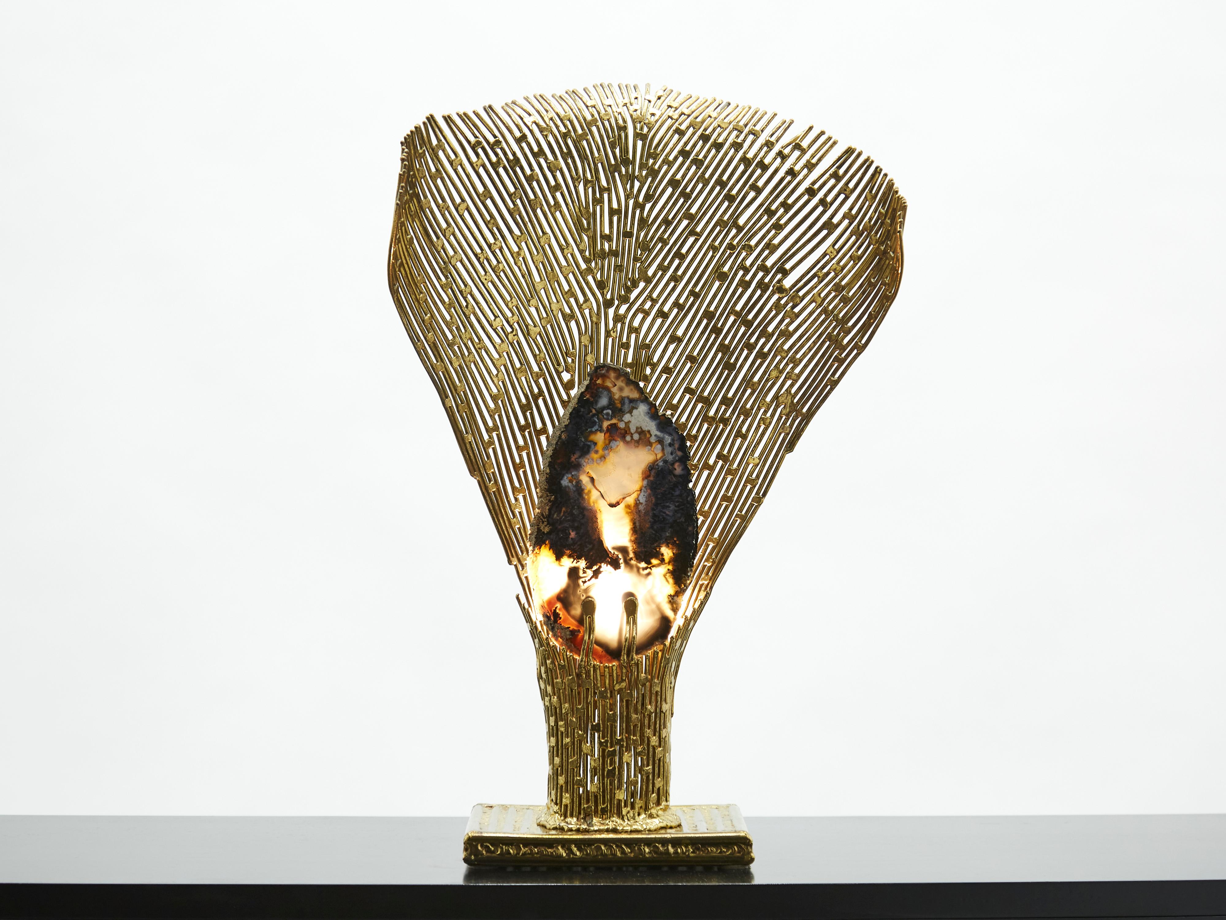 Mid-Century Modern Henri Fernandez Brass Agate Stone Table Lamp Nefertiti, 1970s For Sale