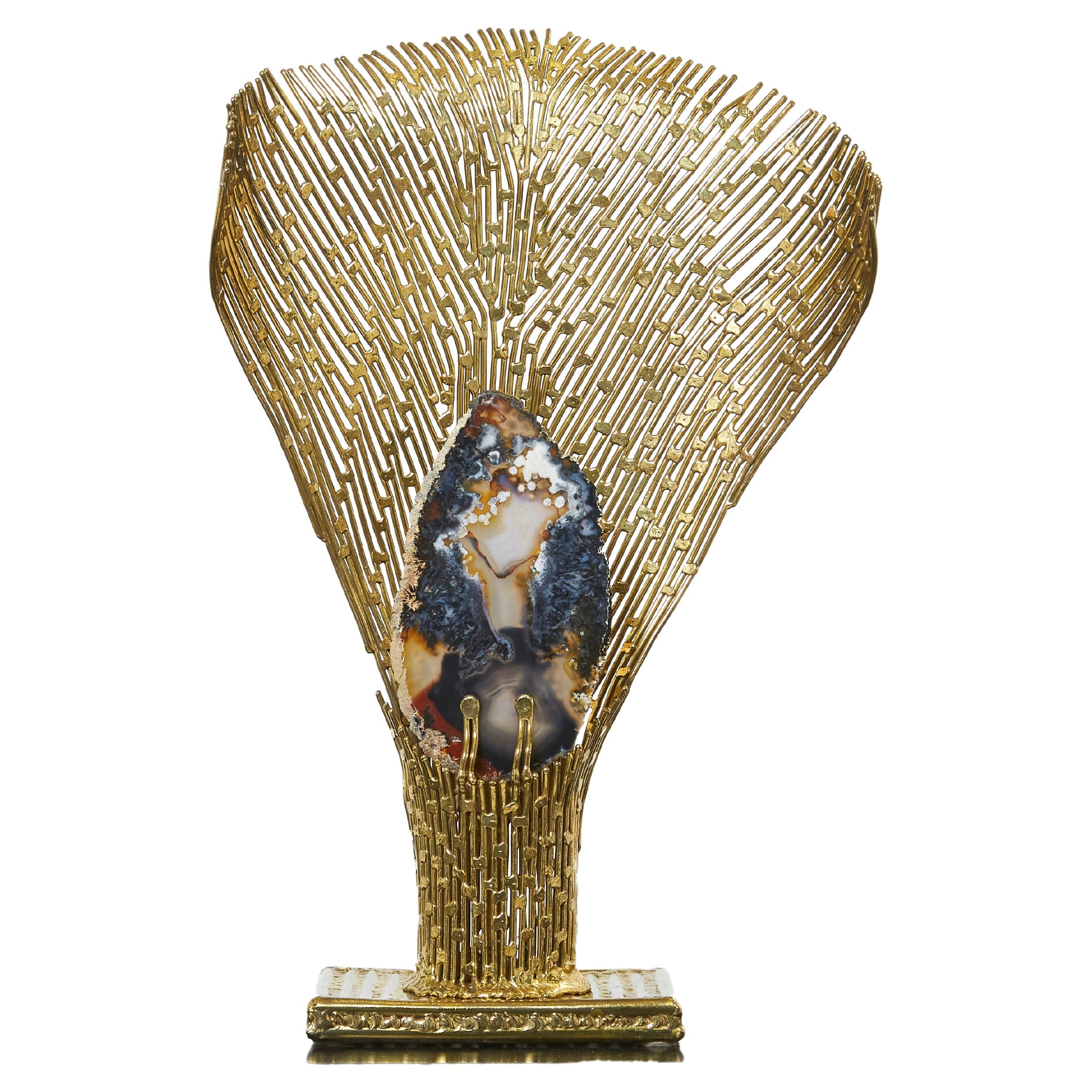 Henri Fernandez Brass Agate Stone Table Lamp Nefertiti, 1970s For Sale