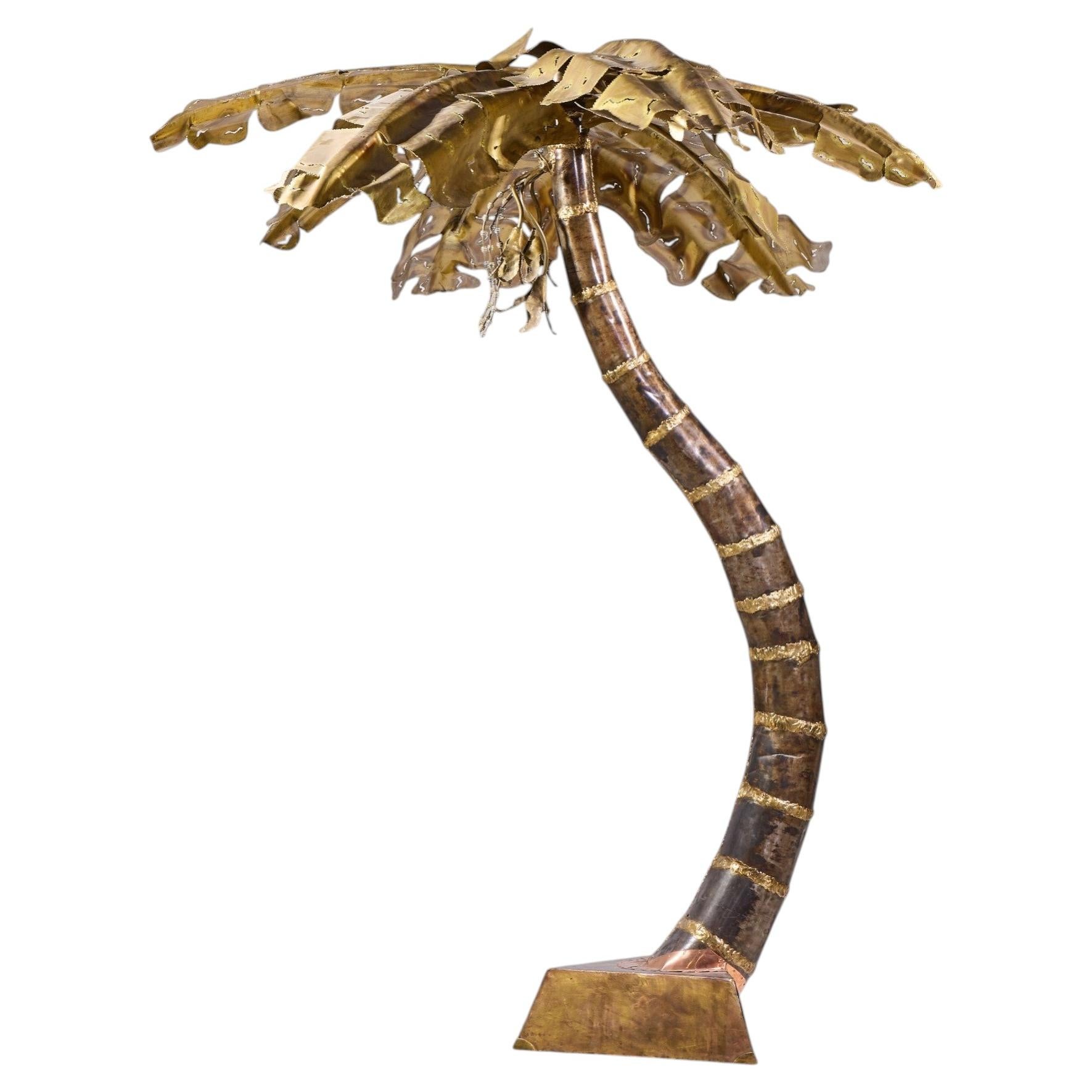 Henri Fernandez Brutalist Grande Palma Brass Palm Tree Sculpture Lamp For Sale