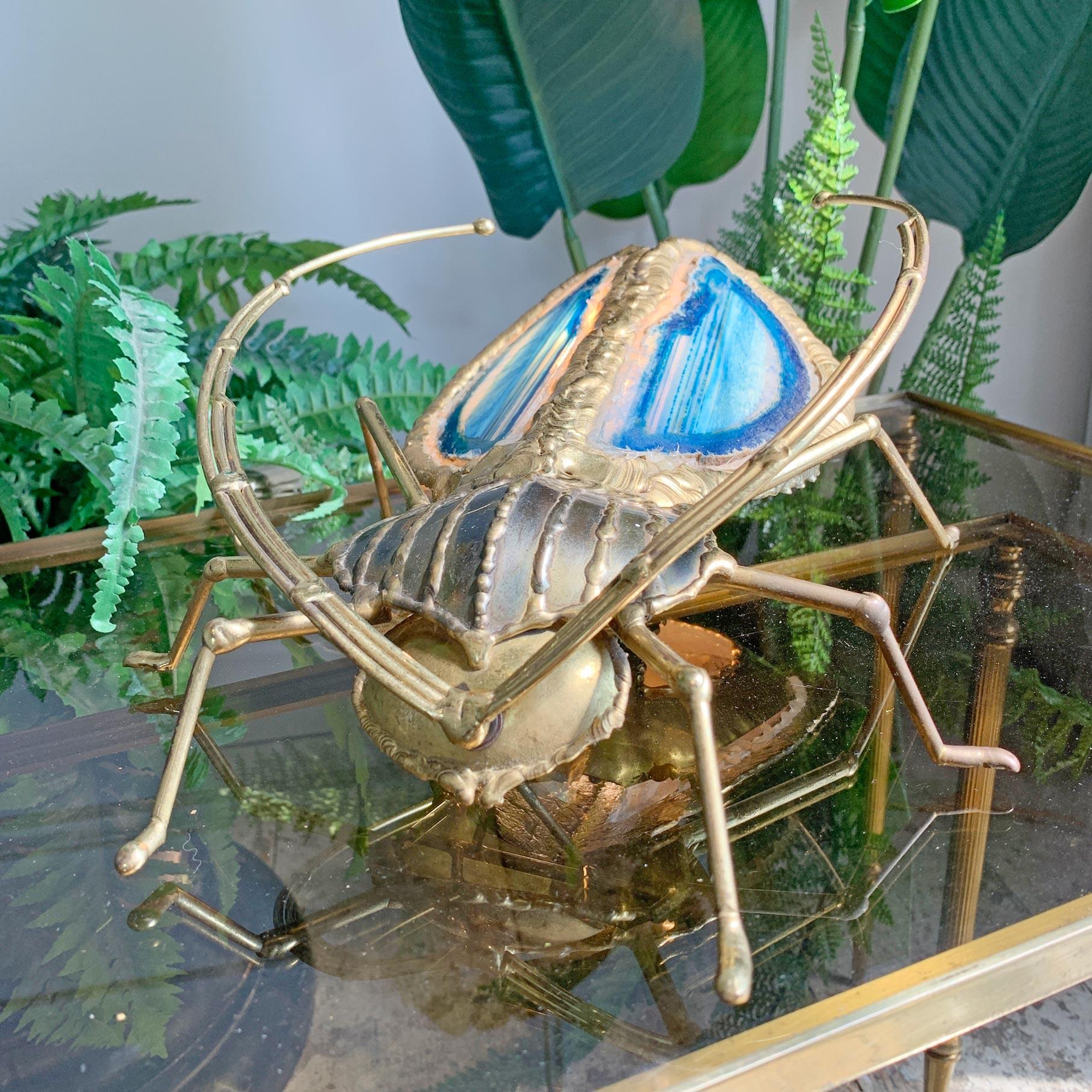 Laiton Henri Fernandez Lampe Longhorn Beetle or et bleu en vente