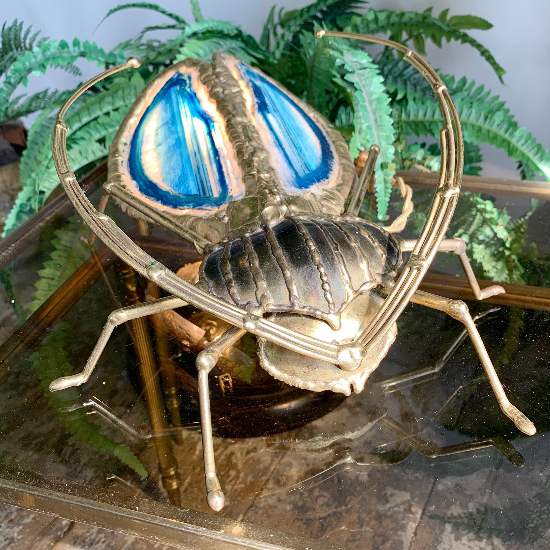 Brass Henri Fernandez Gold and Blue Illuminated Sculpture of a Longhorn Beetle For Sale