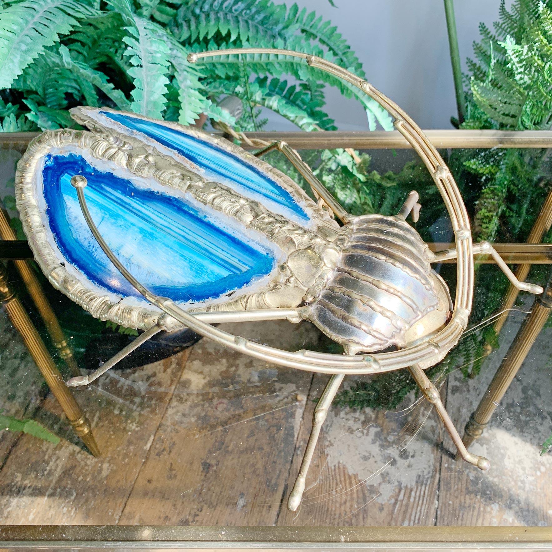 Brutalist Henri Fernandez Gold and Blue Illuminated Sculpture of a Longhorn Beetle For Sale